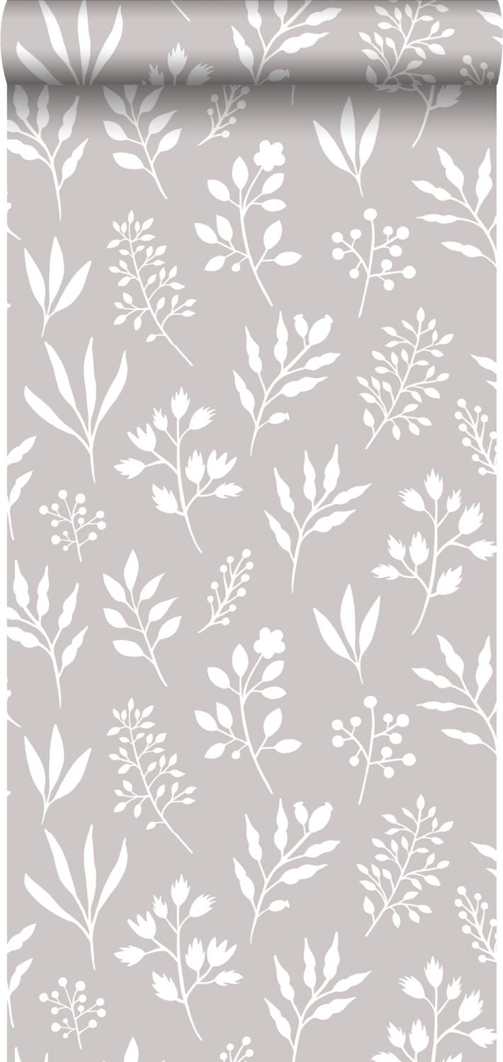 Papel pintado diseño floral en estilo escandinavo gris cálido - 0,53 x 10,05 m - estahome