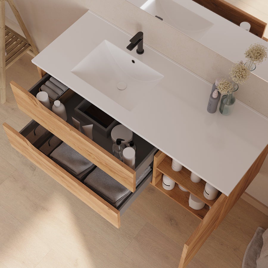 Meuble sous vasque seul, 2 tiroirs et 1 porte, 120cm, vasque déportée gauche - roble (bois clair) - ZARZA - 2