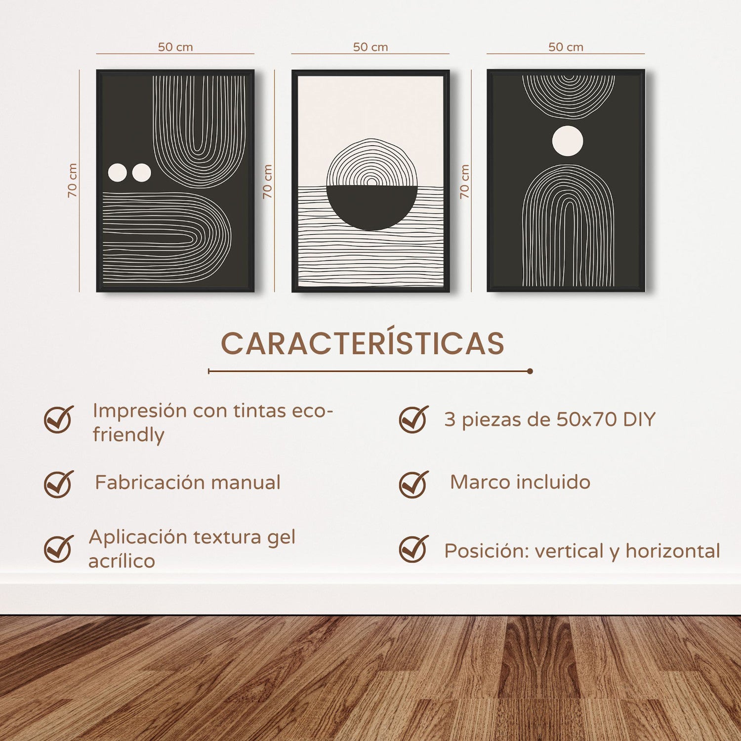 DekoArte - Tableau décoration murale salon NORDIC MINIMALIST ART 50x70 cm x3 pièces - Tableaux avec cadre noir inclus - 3