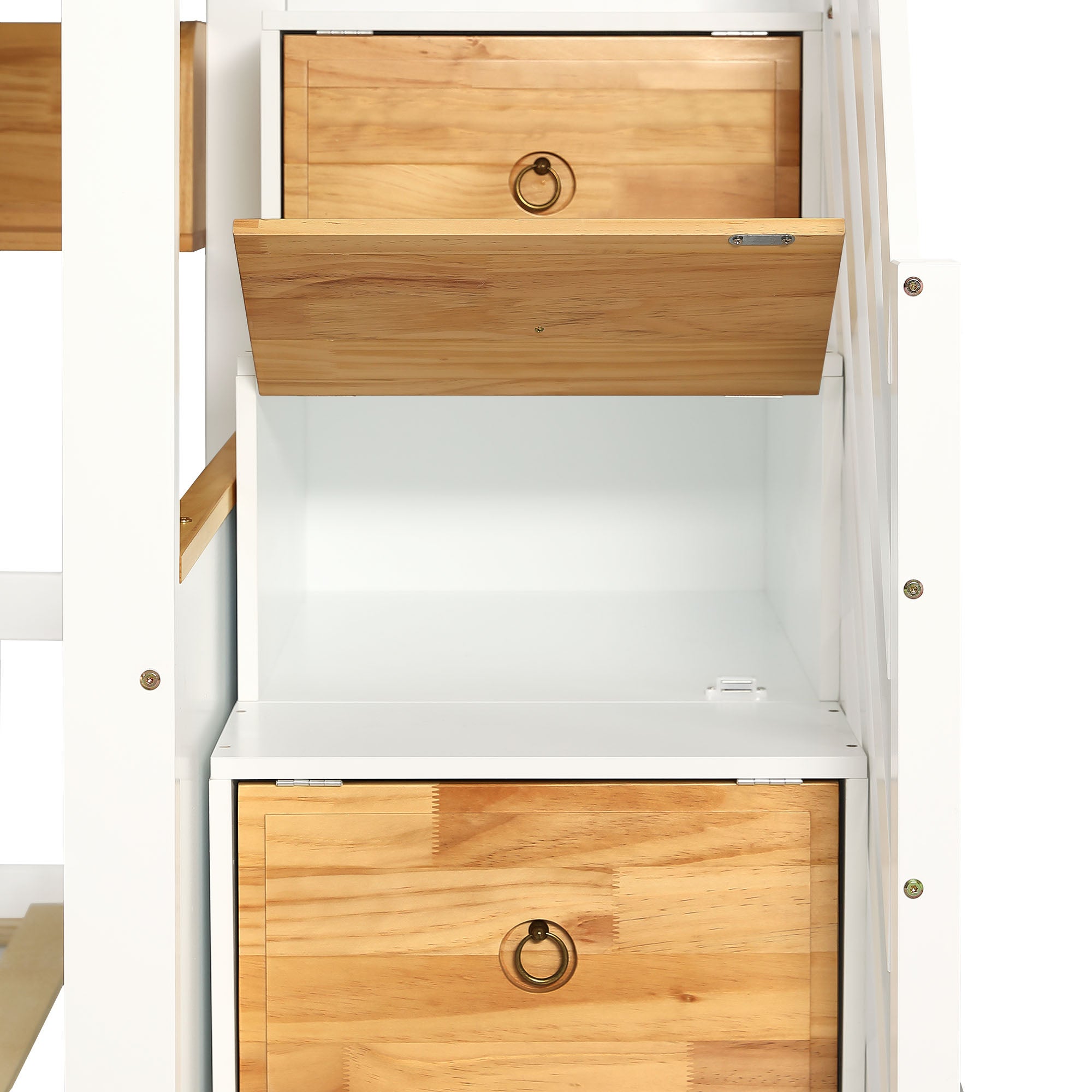 Letto a castello con scala contenitore - 90x200 cm - 4 armadietti sulla scala e 2 cassetti sotto il letto - con rete a doghe - Bianco - 7