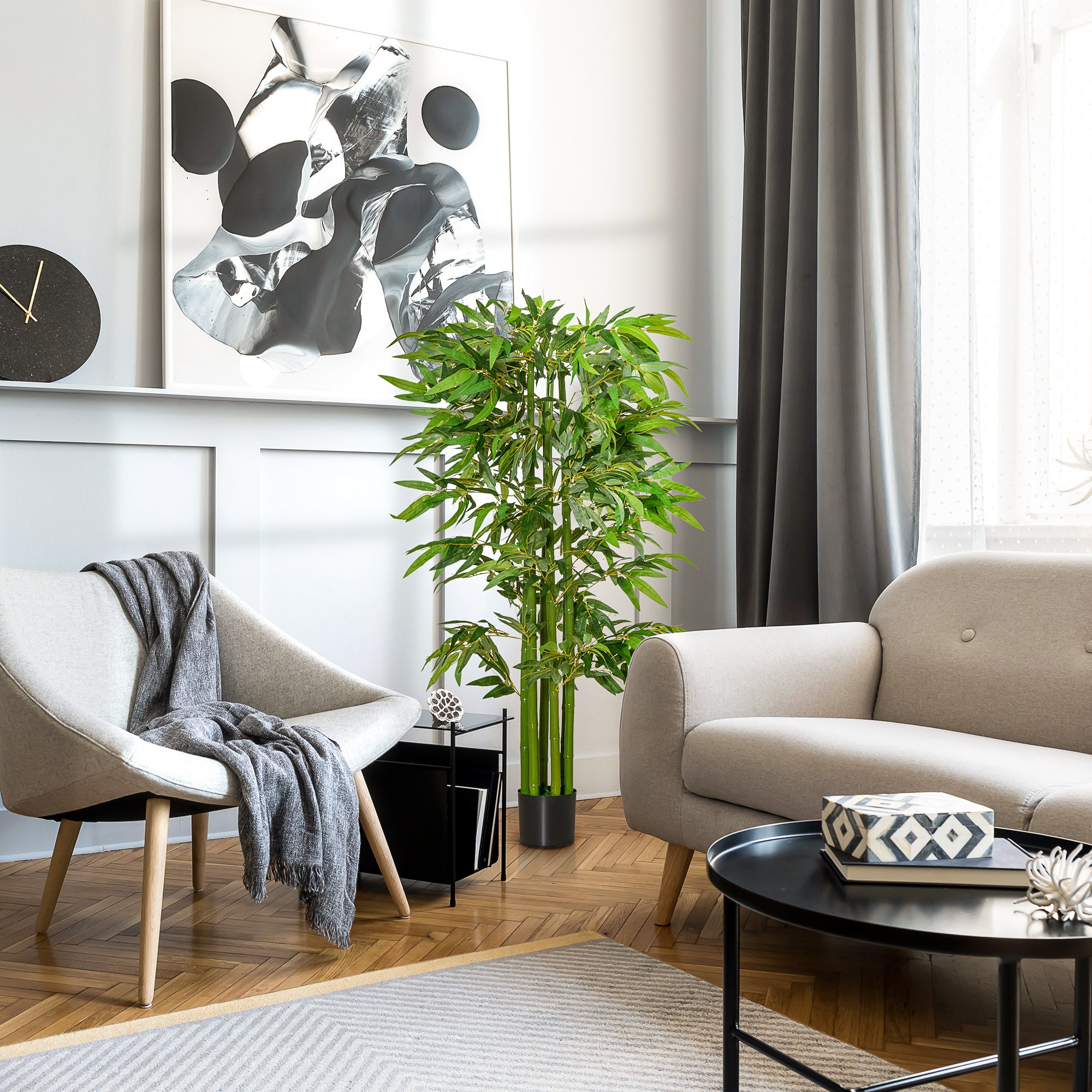 Bambou artificiel XL, 1,60 mètre de haut, avec 975 feuilles luxuriantes et réalistes, comprenant un pot de fleurs, de couleur vert foncé. - 3