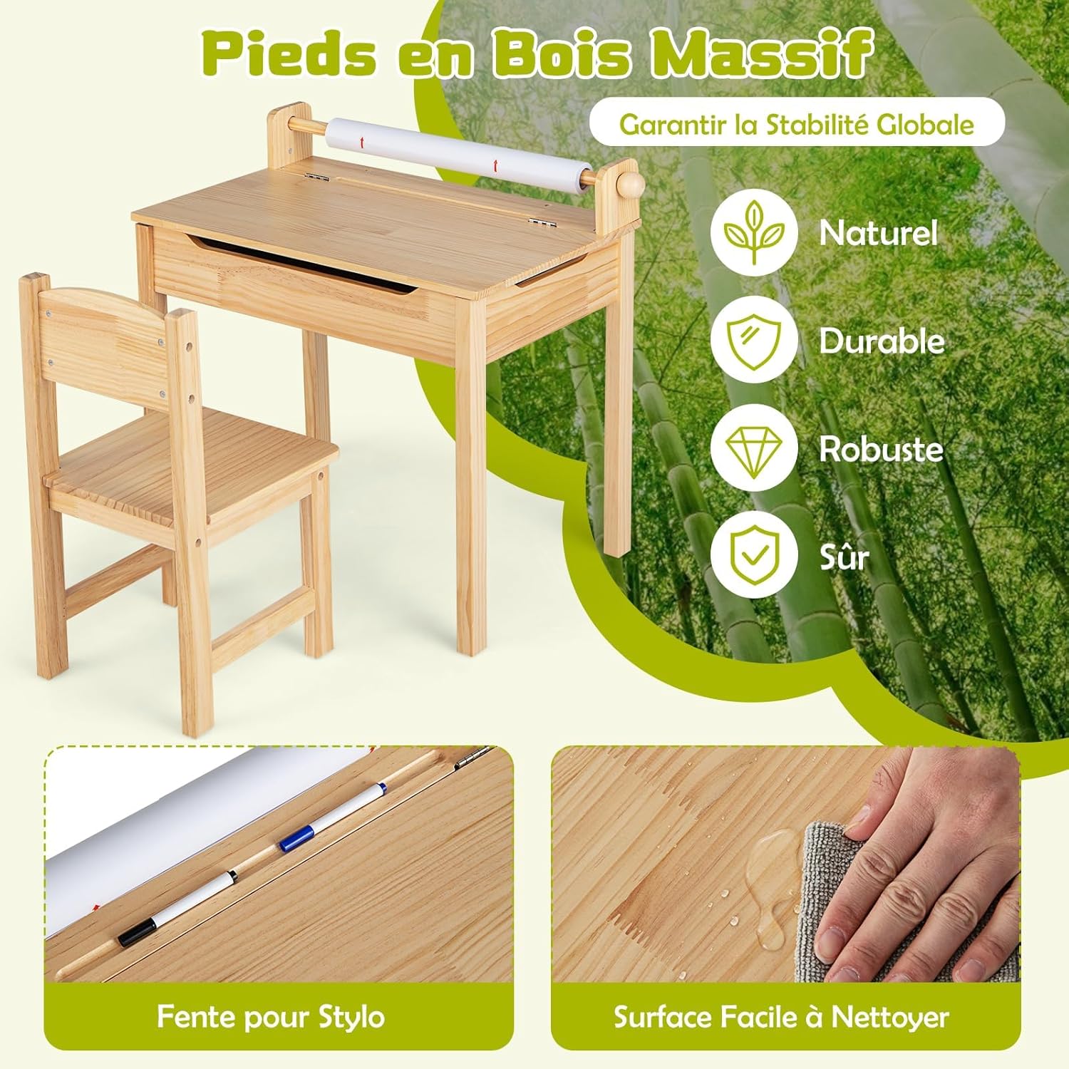 Table Enfant avec Chaise, Table a Dessin Enfant avec Rouleau du Papier, Bureau d’Écriture en Bois, Table Polyvalente pour Enfant 3+ Ans, (Naturel) - 8