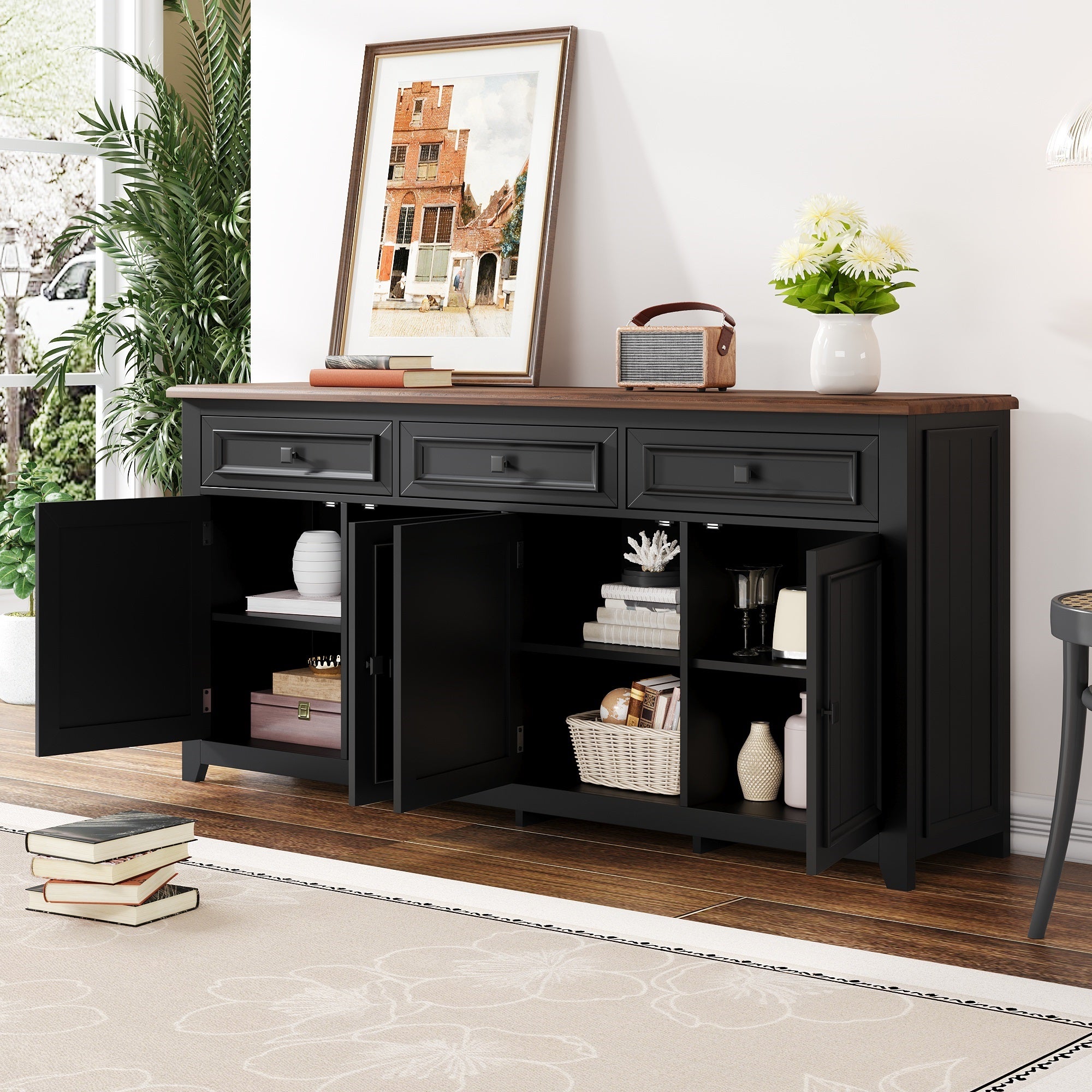 Nowoczesna komoda z 3 drzwiami i 2 szufladami - 160 x 35 x 76 cm - MDF - do salonu, kuchni - czarna - 8