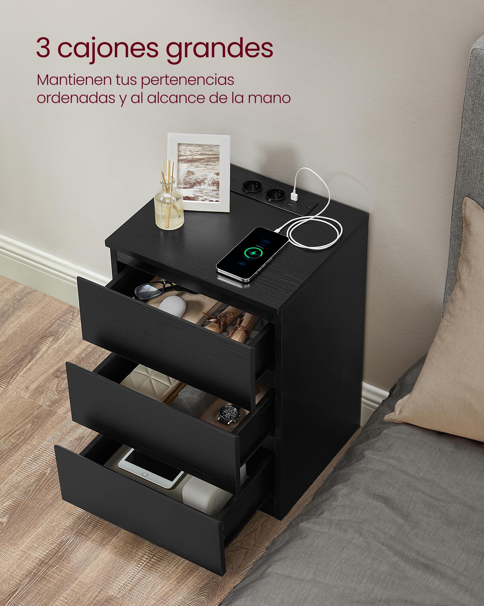 Juego de 2 mesitas de noche modernas con estación de carga - 3 cajones, 2 tomas de corriente, 2 puertos usb, ideal para dormitorio, negro ébano - 4