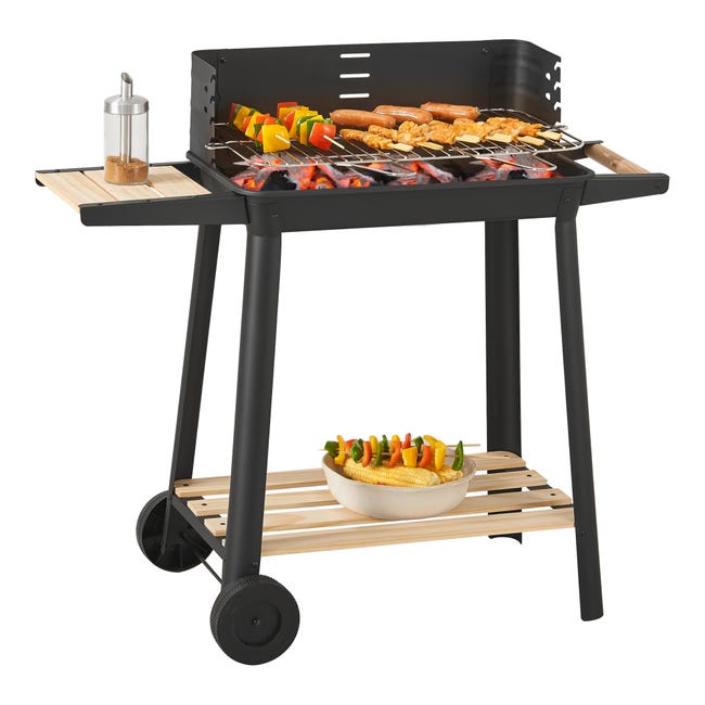 Barbecue Au Charbon Avec Chariot - Grille Rotative 360°, Bac à Charbon Réglable, Pliable
