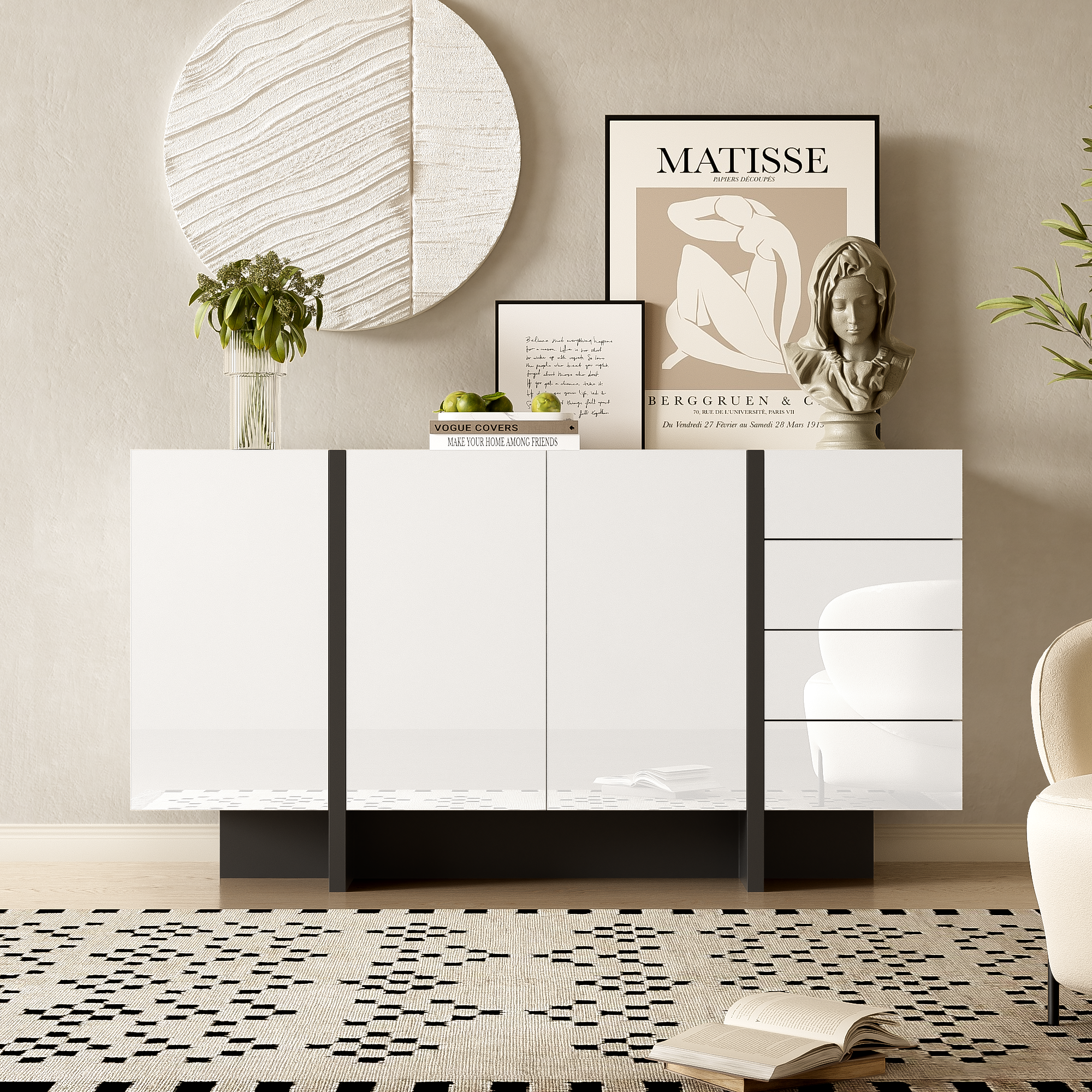 Komoda z 2 drzwiami i 3 szufladami - 150 x 40 x 80,5 cm - Płyta MDF i płyta wiórowa - Biały połysk