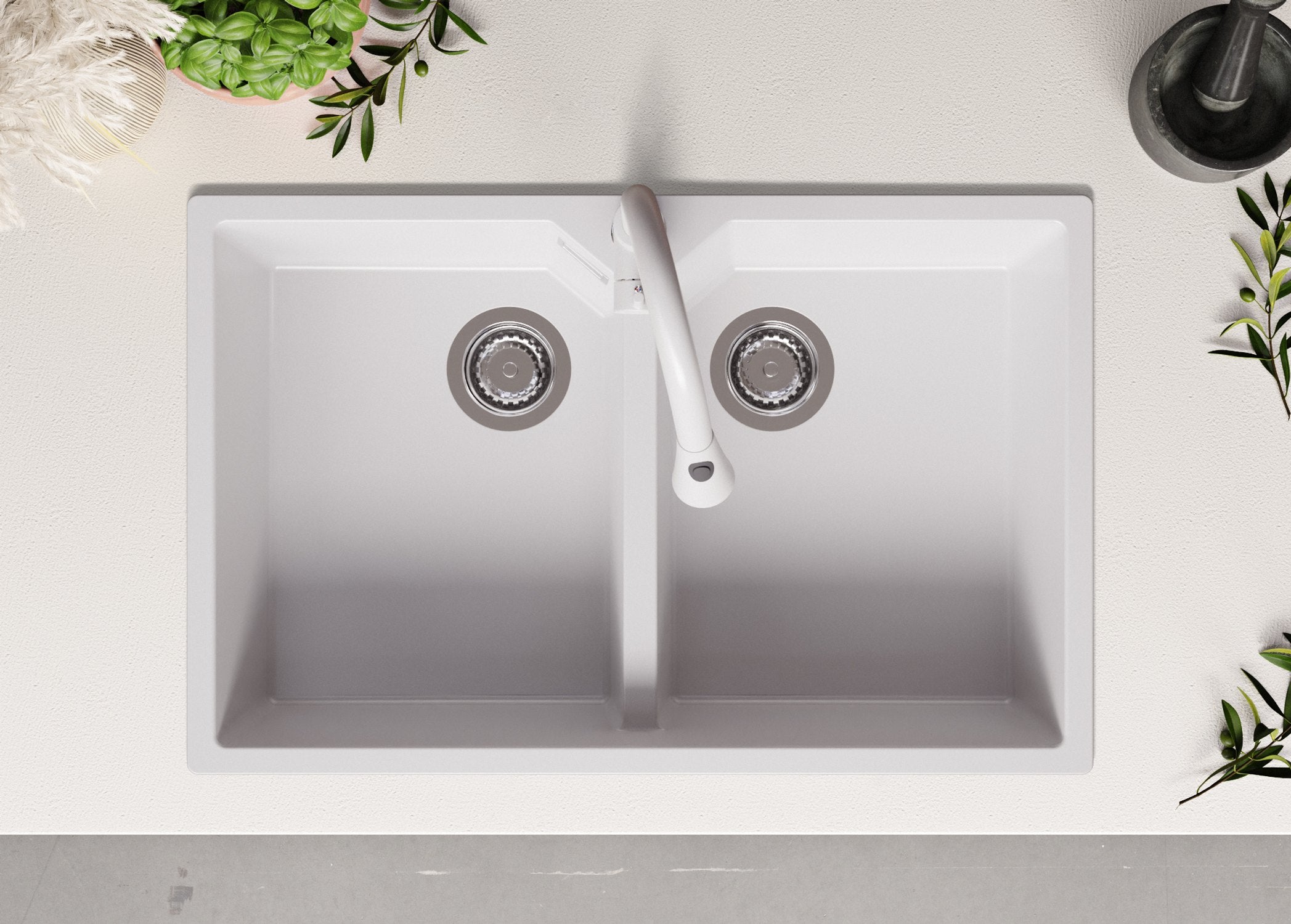 Lavandino da Cucina Bianco 78x50cm, Lavello in Granito a 2 vasche + Sifone Classico + Accessori, Lavabo da Cucina Incasso al mobile 80cm PRIMAGRAN - 4