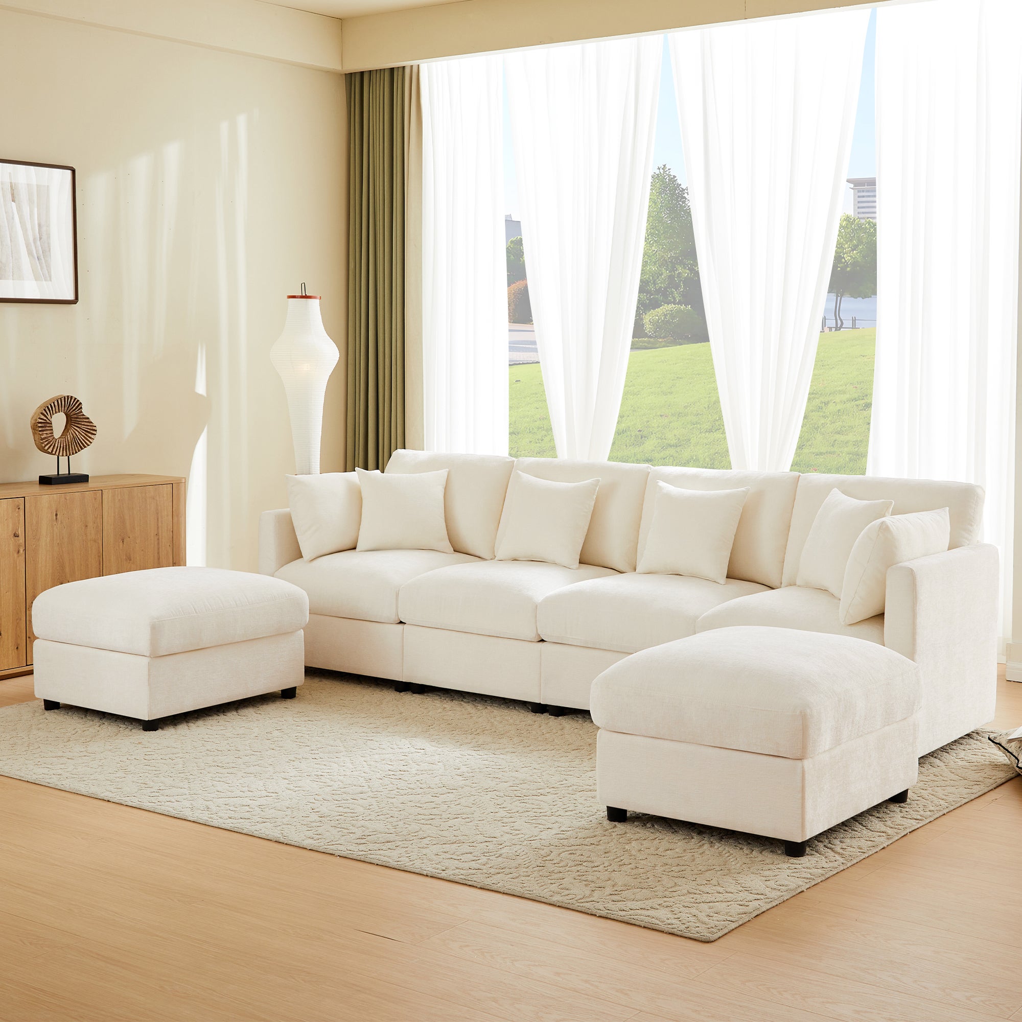 Canapé Modulable 284x156,5x86 cm - Tissu Chenille - Accoudoirs Réglables 3 Positions (90°/120°/180°) - Avec 2 Ottomans et 6 Coussins - Beige - 2