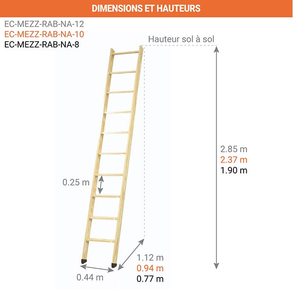 Echelle de meunier rabattable Naturel 10 marches - Hauteur de sol à sol 2,37m - EC-MEZZ-RAB-NA-10 - 2