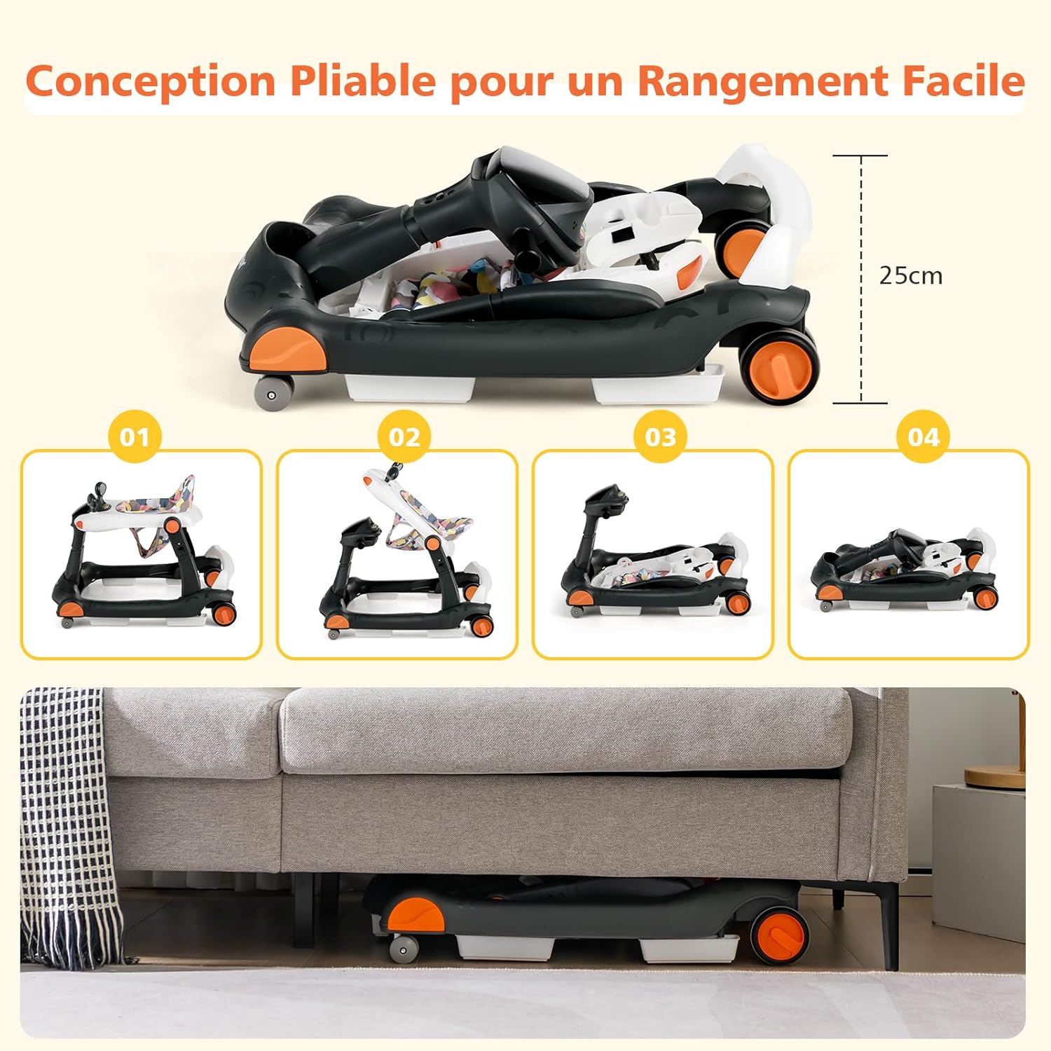 Trotteur Bébé 6-18 Mois, Trotteur Marche Bébé Evolutif 2 en 1, Pousseur Pliable avec Lumière et Musique, Hauteur Réglable en 3 Positions(Noir) - 6