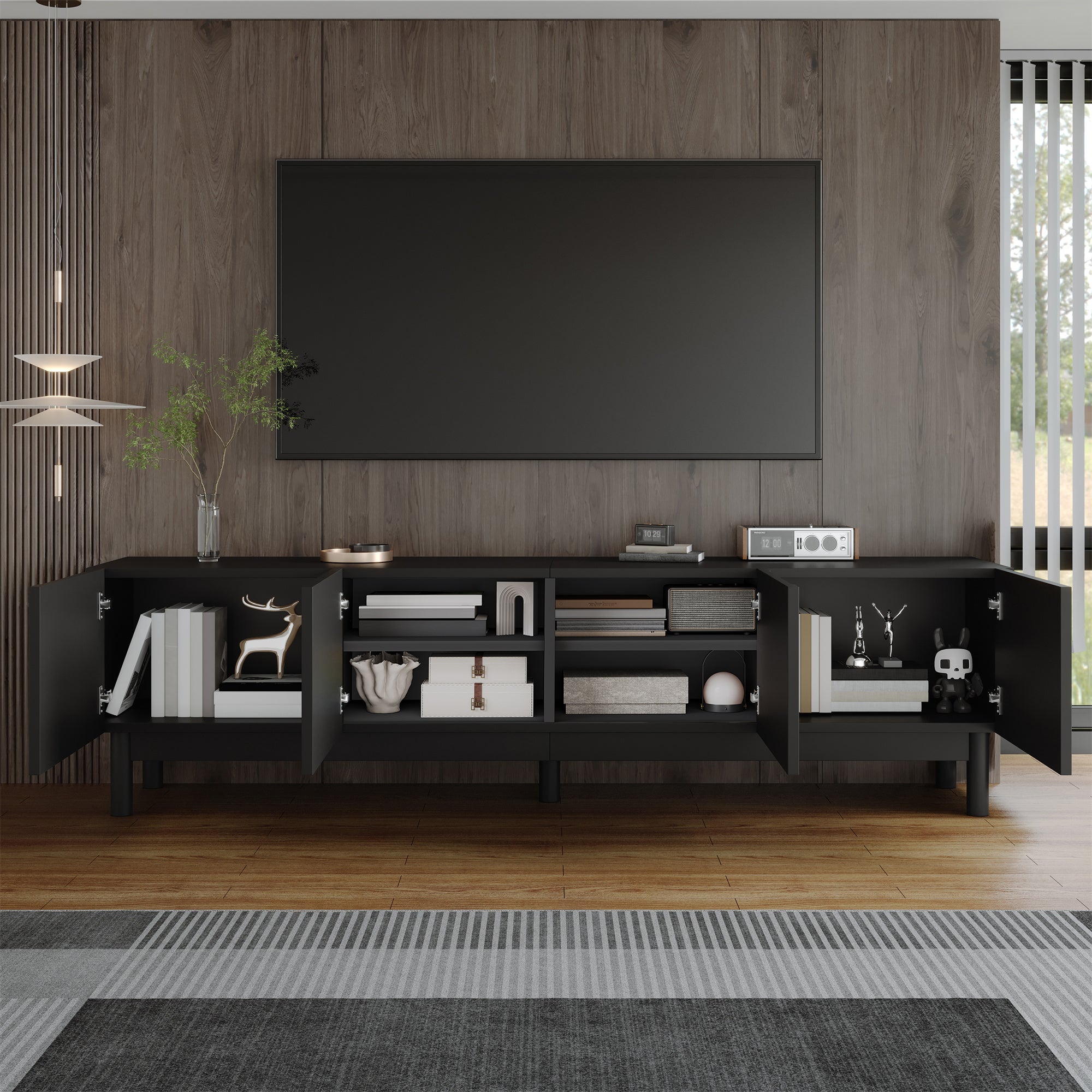 Szafka RTV z 4 szufladami - 170 x 35 x 45 cm - Płyta MDF i płyta wiórowa - Do salonu - Czarna