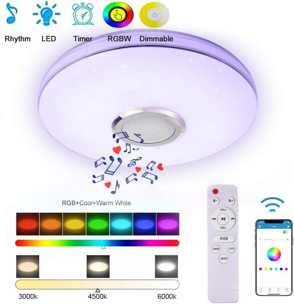 Plafonnier LED 36W avec haut-parleur Bluetooth, installation encastrée LED RGB, télécommande intelligente pour le changement de couleur.30cm - 5