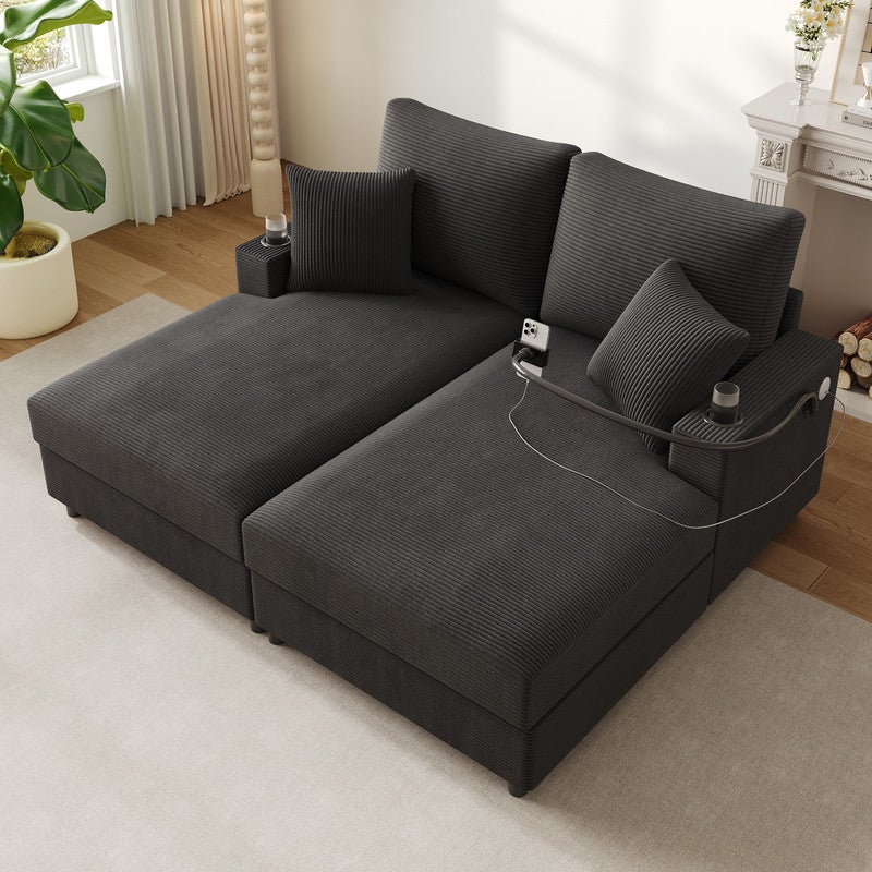 Stylowa sofa - tapicerowana - z uchwytem na telefon + port USB - z uchwytem na kubek - szara