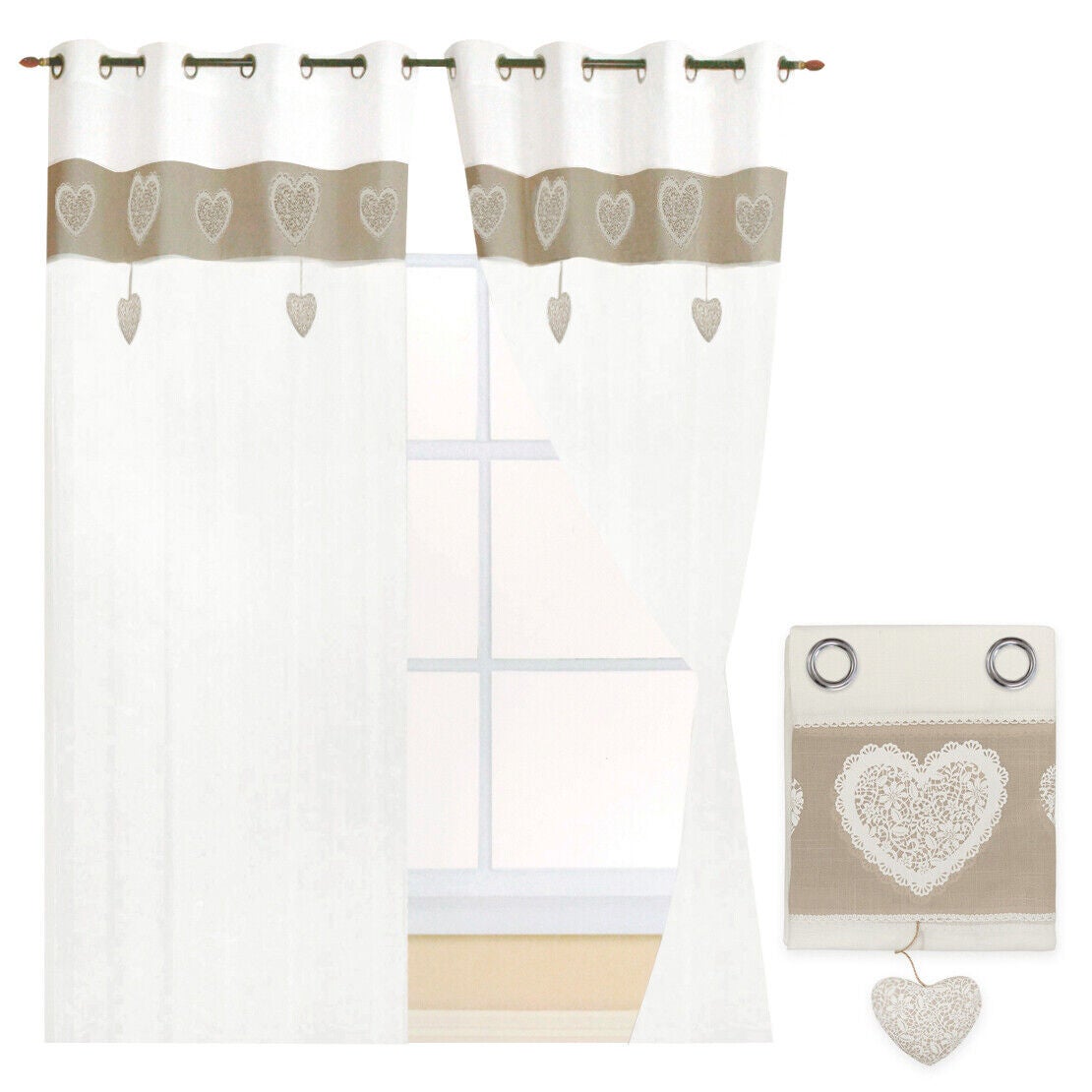 Cortinas ventanas puerta interior 140x290 cm tela lino semitransparente par 2 uds. vintage chic corazones