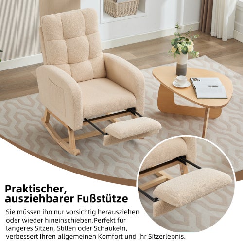 Fauteuil à Bascule 132x50 cm - Dossier Haut Ergonomique et Structure Bois Massif - Tissu Teddy Doux - Beige - 6