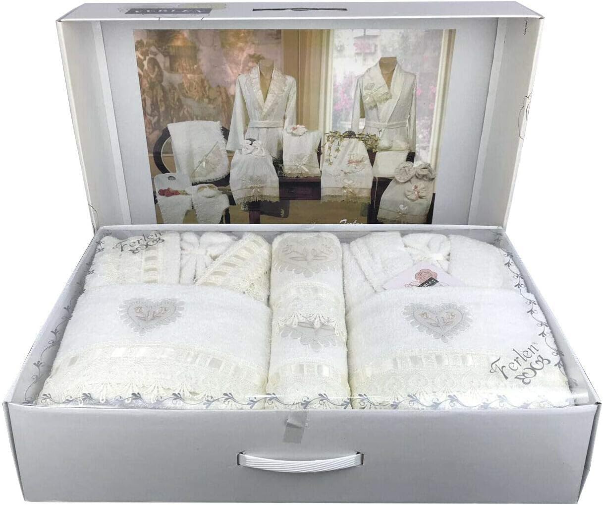 Set Bagno CREAZIONI FERLEN - Asciugamani E Accappatoi In Cotone, Design Con Pizzo, Idea Regalo