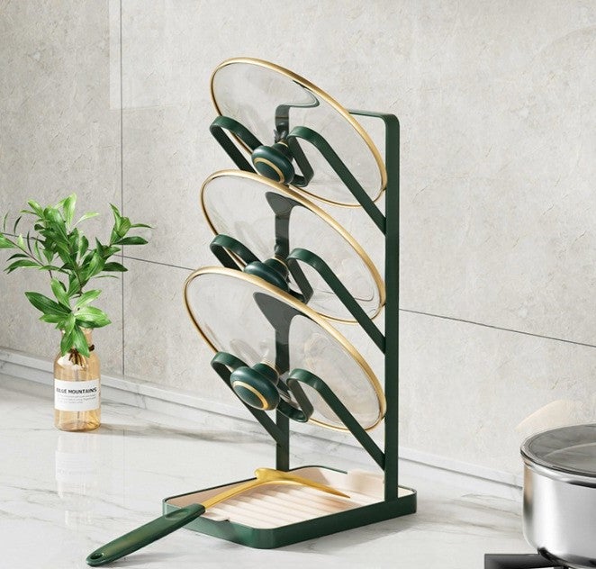 Stojak na pokrywki ze stali nierdzewnej – 3 poziomy – organizer kuchenny do przechowywania – z uchwytem na noże i tacką ociekową