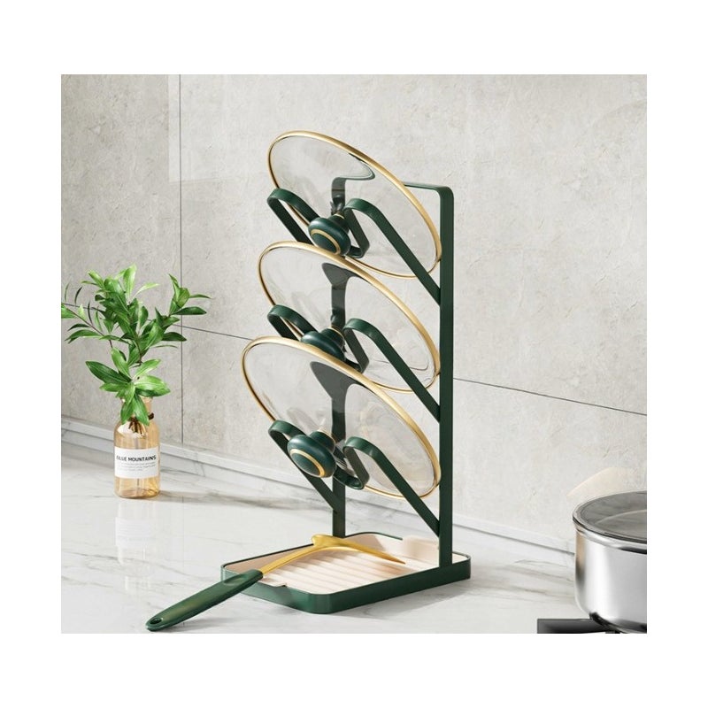 Stojak na pokrywki ze stali nierdzewnej – 3 poziomy – organizer kuchenny do przechowywania – z uchwytem na noże i tacką ociekową