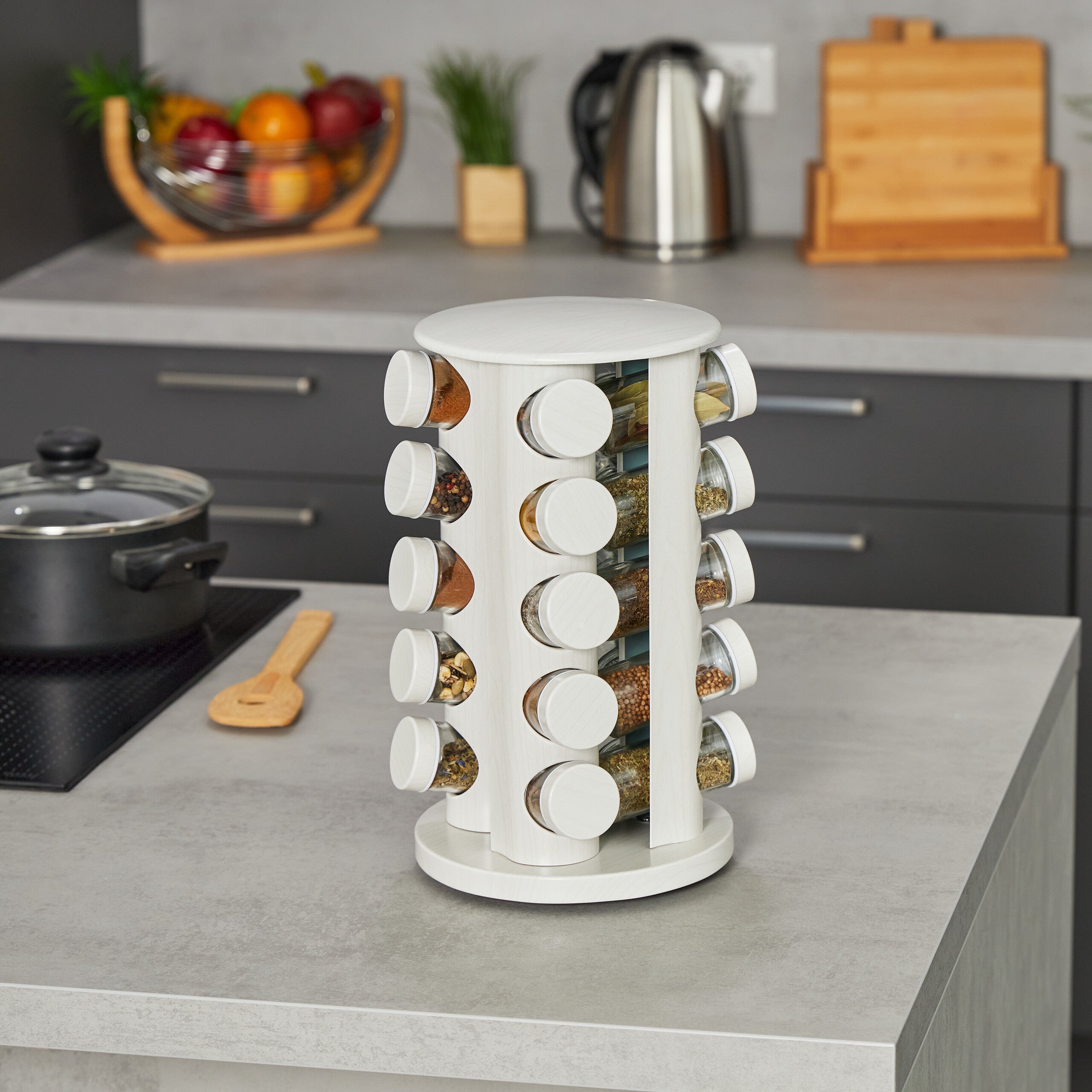 Portaspezie Girevole Salvaspazio - 20 Barattoli Vetro, Coperchi Inox, Per Cassetto Cucina