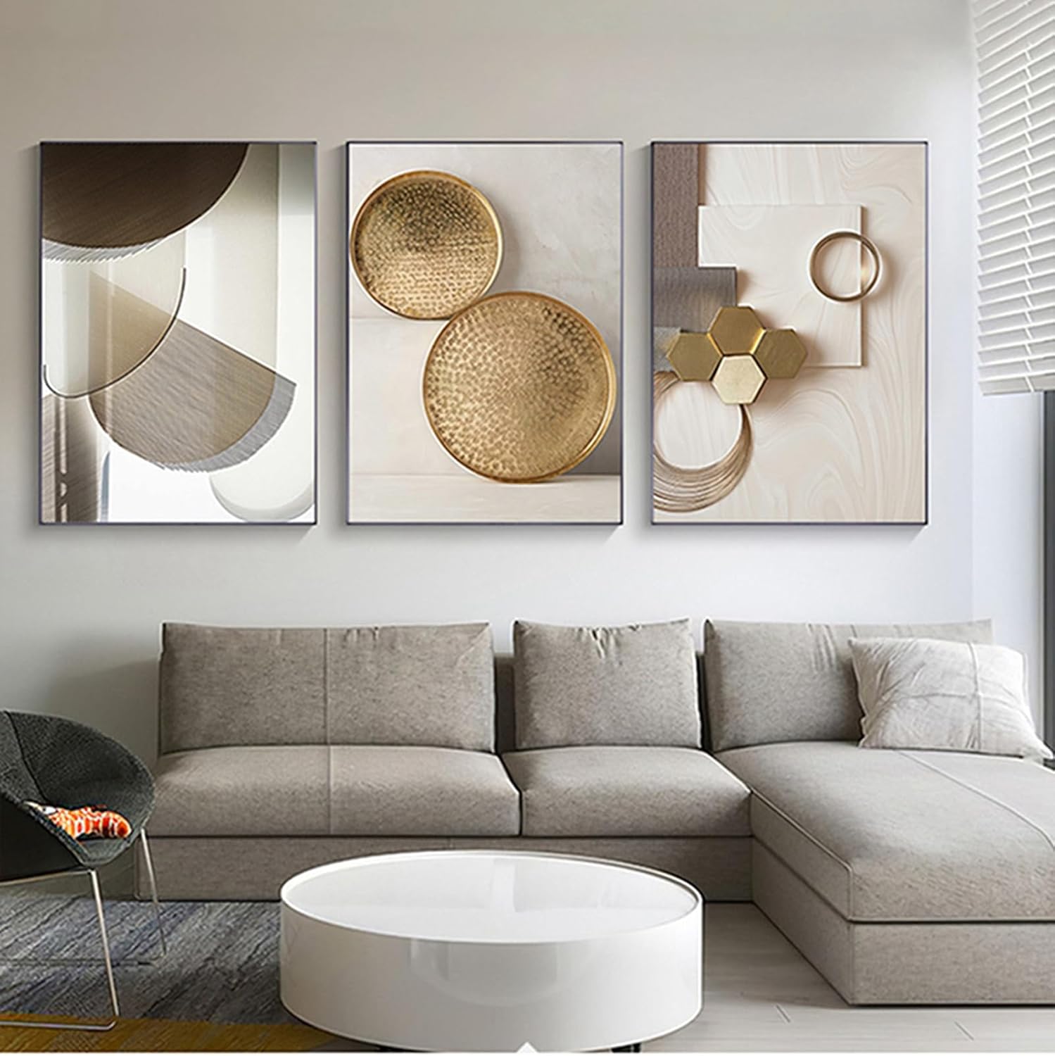 Tableau mural 3 pièces moderne sur toile non tissée - Beige abstrait moderne - Marbre géométrique - Sans cadre (50 x 70 cm) - 2