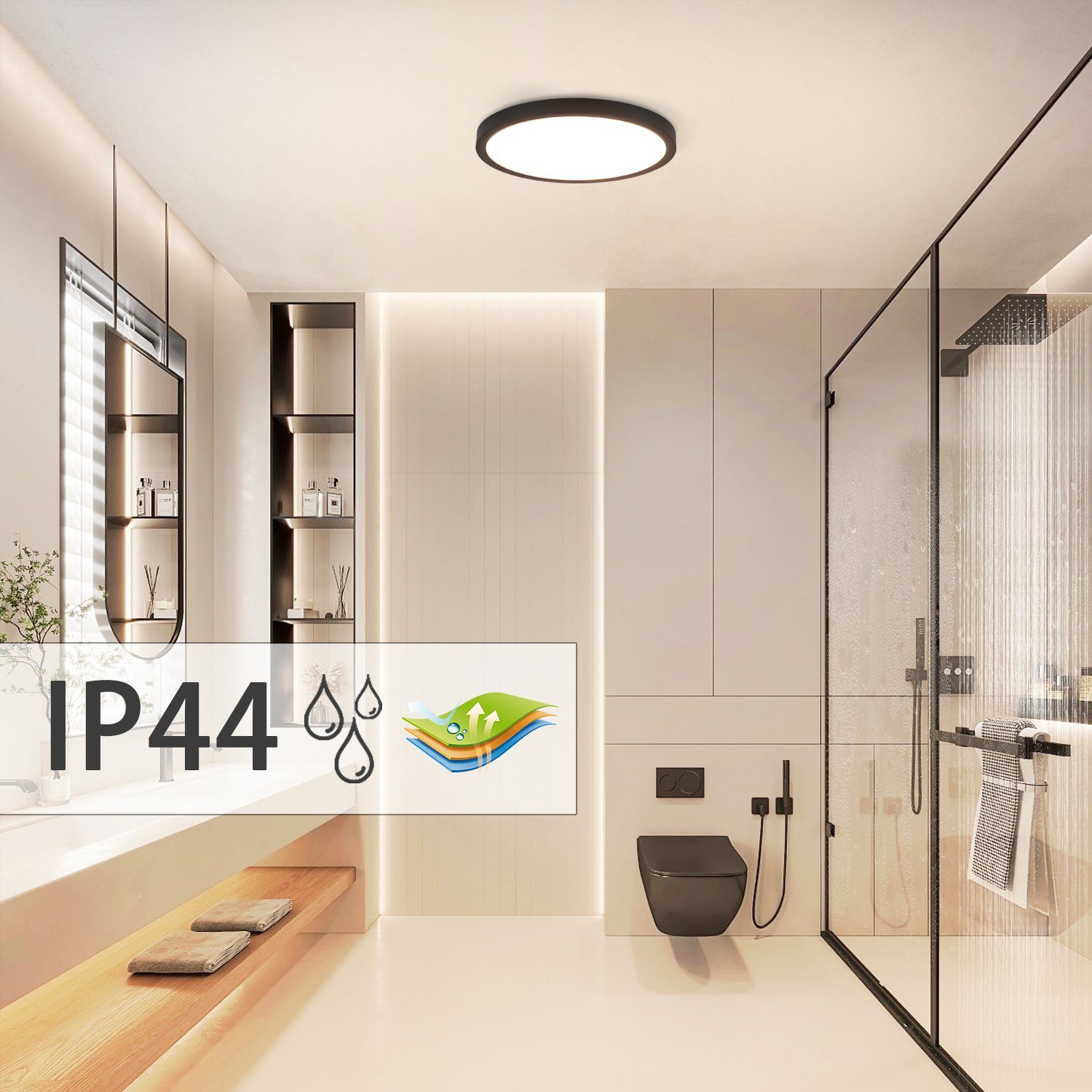 NETTLIFE Panneau LED plafonnier noir éclairage de plafond plat rond IP44 résistant aux éclaboussures - 2