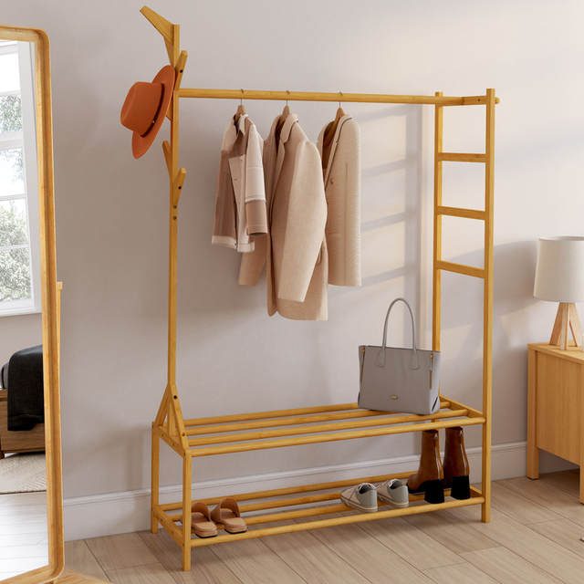 Portant à Vêtements Bambou Avec Boîte Rangement - Extra Large Pliable - Armoire Entrée Chambre