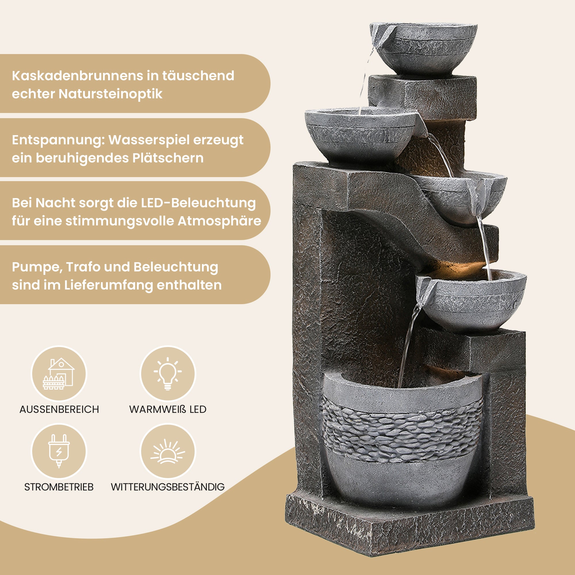 Fontaine de jardin LED avec pompe 5 W - Résine effet pierre naturelle - 33,5 x 30,5 x 77,5 cm - Gris - 6