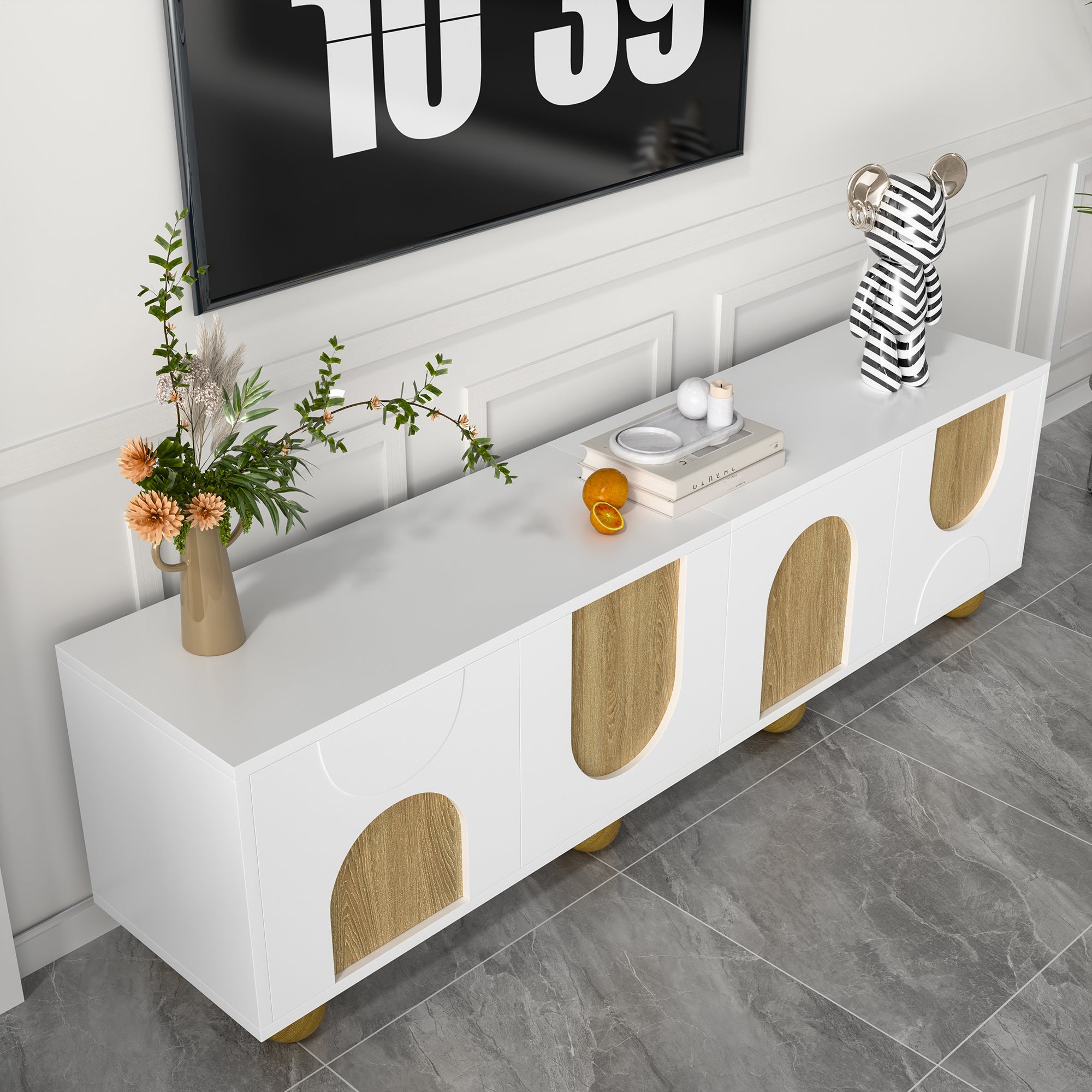 Meble pod TV 175x38x50cm - 4 fronty - wygląd vintage drewna - Drewniane nogi - MDF + płyty wiórowe - Biały i naturalny - 6