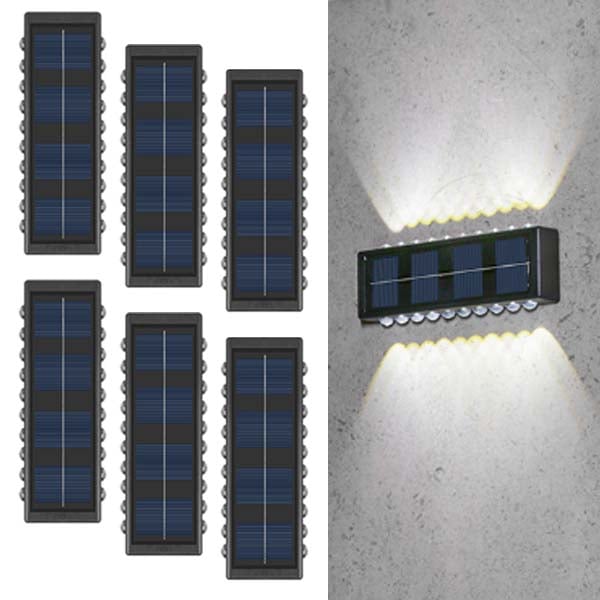 6x Solarna lampa ścienna - 20 LED, reflektor Washlight, Up/Down Light, światło białe, wodoodporna lampa zewnętrzna na werandę