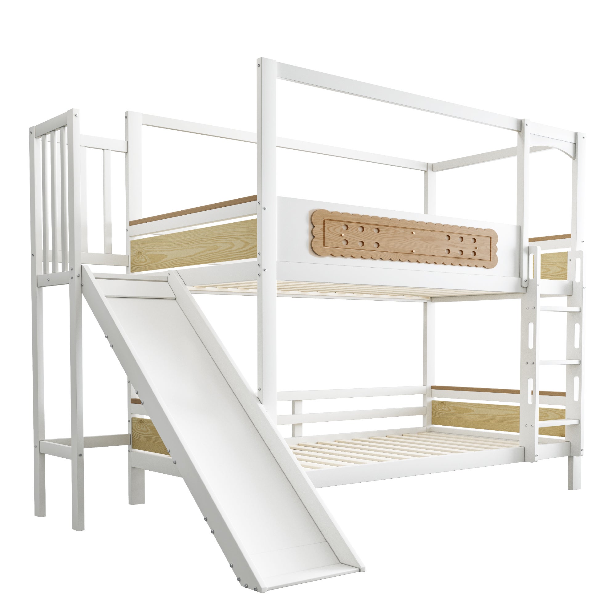 Łóżka piętrowe 2 x 90 x 200 cm z barierkami i zjeżdżalnią - Sosna + sklejka + MDF - Białe (Materace nie są wliczone w cenę) - 8