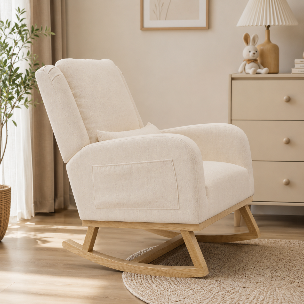 Rocking Chair avec Coussin Lombaire, Allaitement Fauteuil Avec Tapis Antidérapant et Accoudoirs, Chaise Loisir avec Pieds en E' Bois, Beige Lin - 8