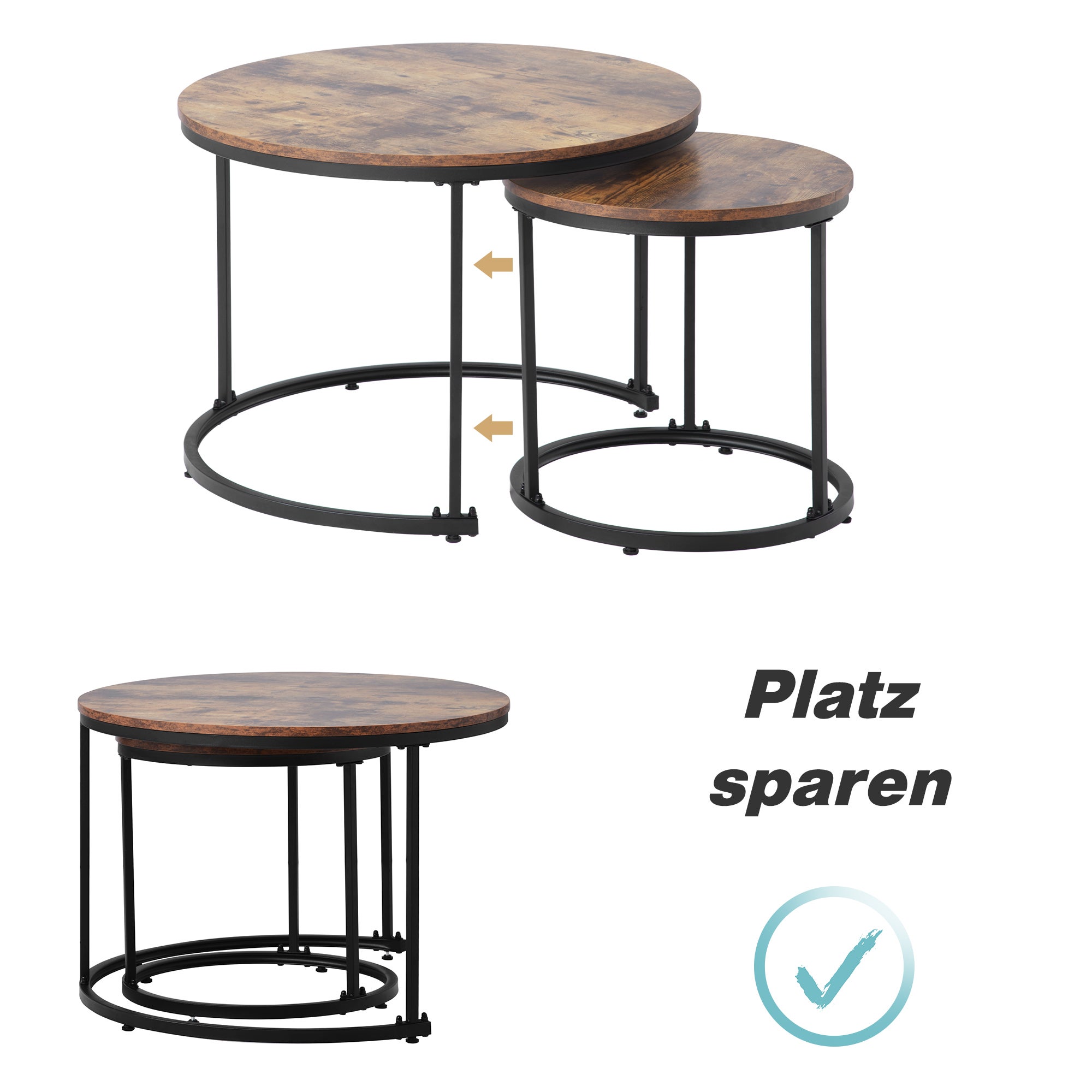Lot de 2 tables basses gigognes, table d'appoint ronde en MDF, placage marbré, style industriel, marron - 3