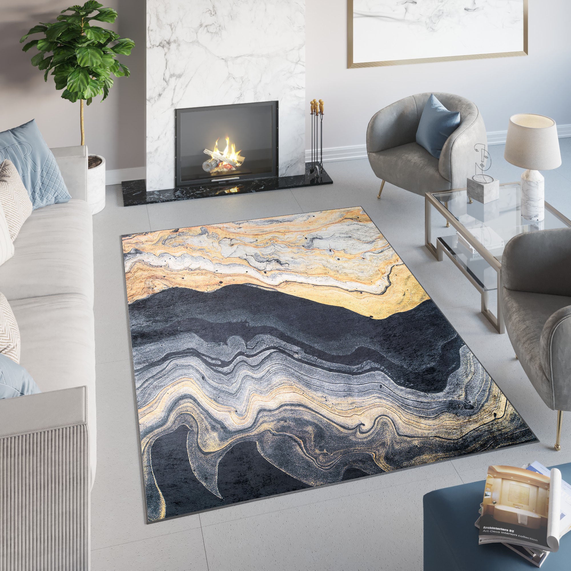 Tapiso toscana alfombra antideslizante de salón moderno abstracto negro antracita dorado impreso sin pelo 140 x 200 cm