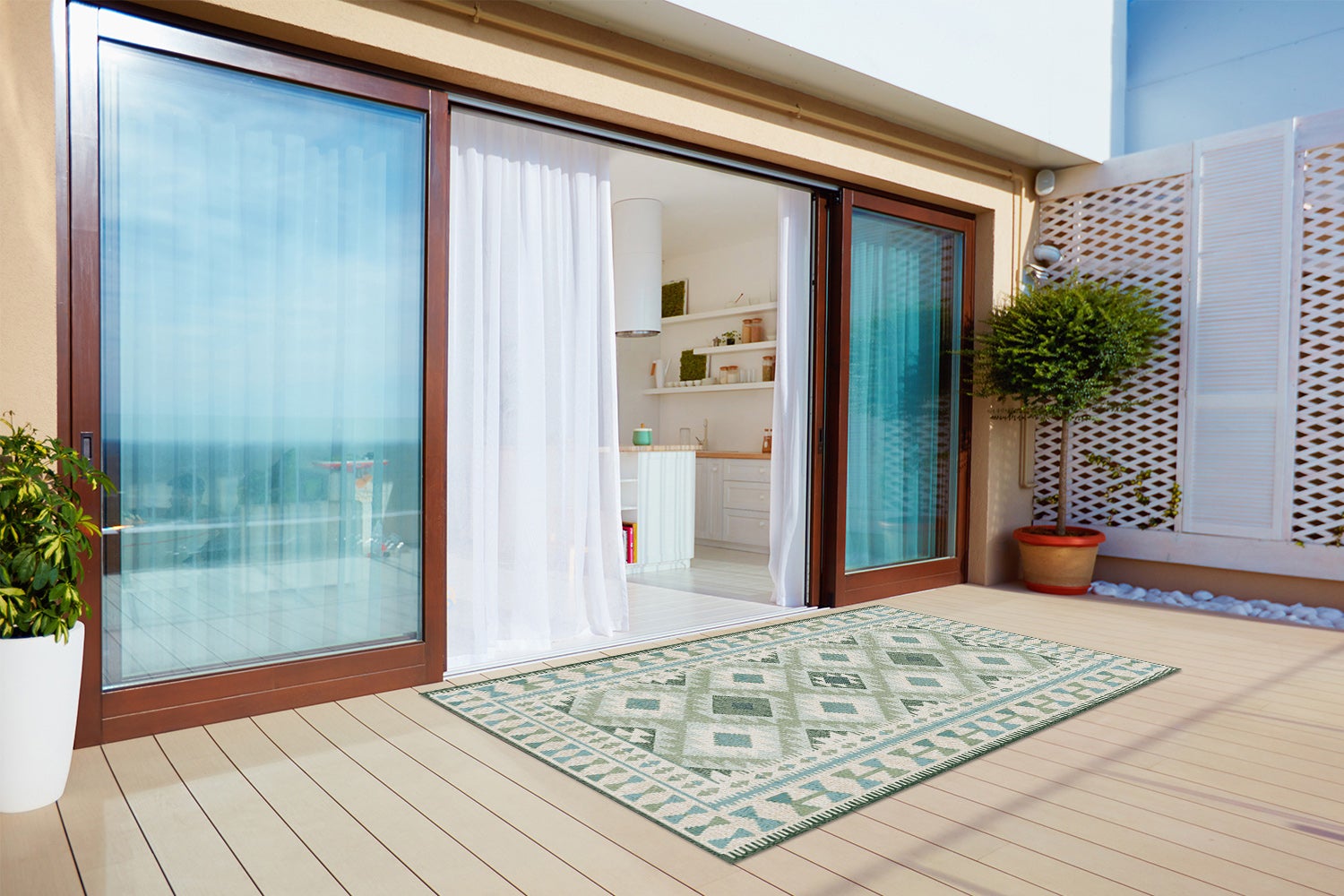 Tapis en vinyl extérieur décoratif losanges verts élégants style moderne terrasse 100x50 – Tulup - 5