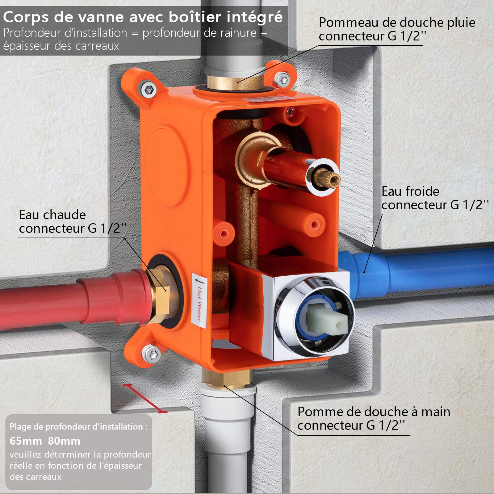 Colonne de Douche Encastrée Chromée avec Tête Carrée 12