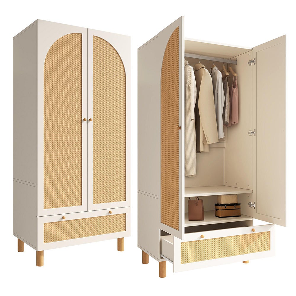 Armoire penderie à 2 portes et rotin blanc avec grand tiroir étagères réglables en hauteur - 3