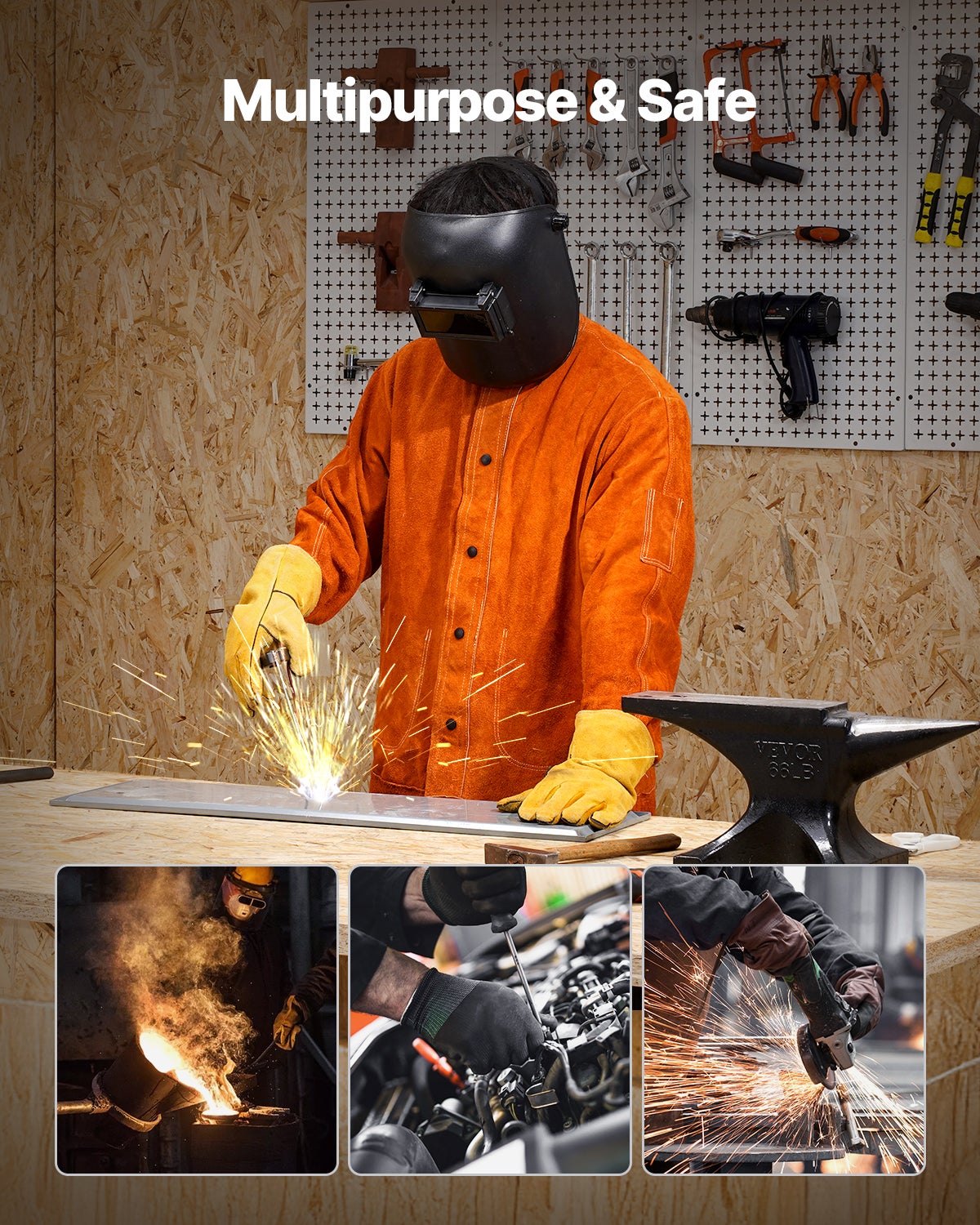 Jaqueta soldagem antichama,VEVOR couro,impermeável e térmica,tamanho L,botões de pressão,4 bolsos,punhos ajustáveis,soldadores e montadores - 6