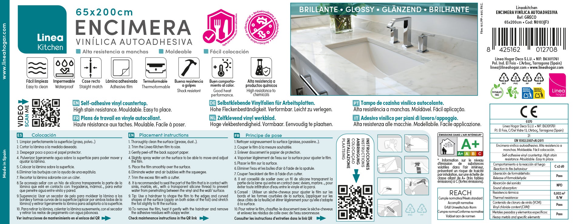 GRECO: Vinyle adhésif pour plan de travail de cuisine et salle de bain. Résistant aux taches. Imperméable. Facile à poser et à nettoyer. 0,65x2m - 12