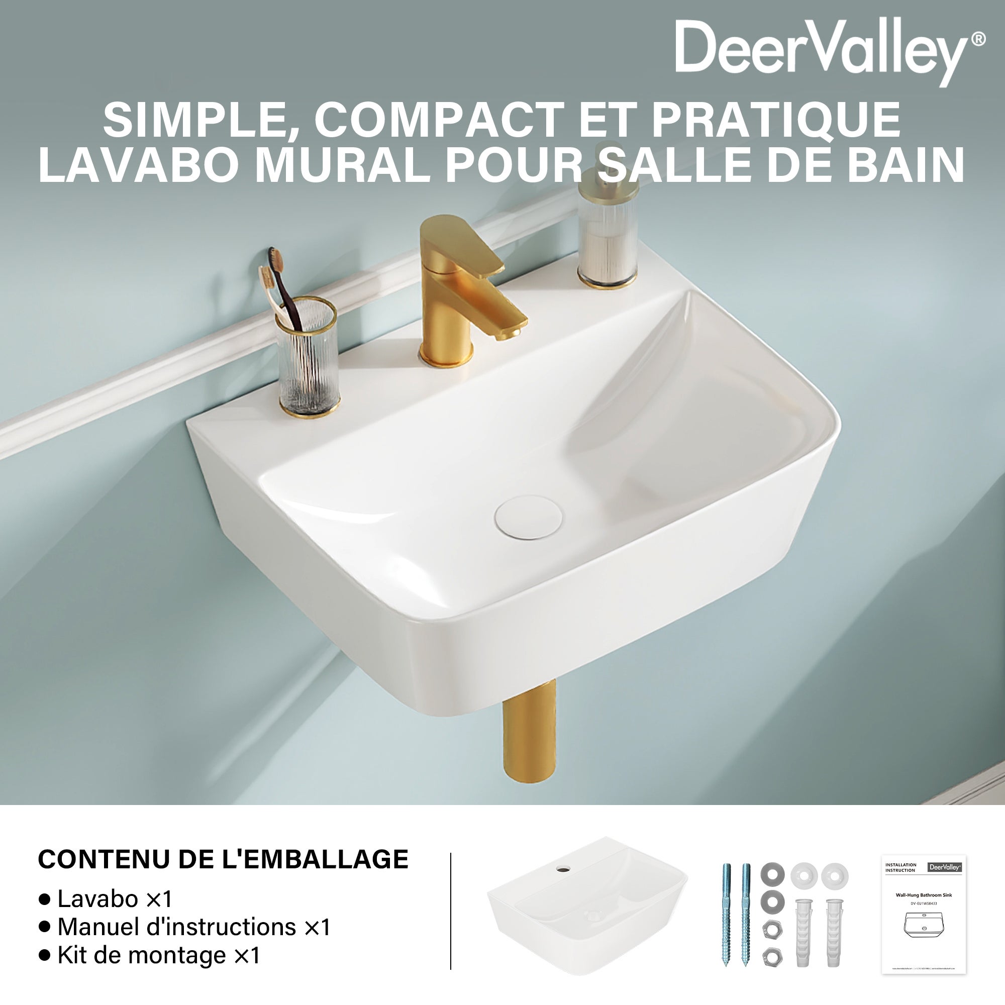 Vasque lave main Salle de Bain - Vasque lave-main rectangulaire blanche mate en céramique – Pour petit espace – Pose à poser – DeerValley - 9