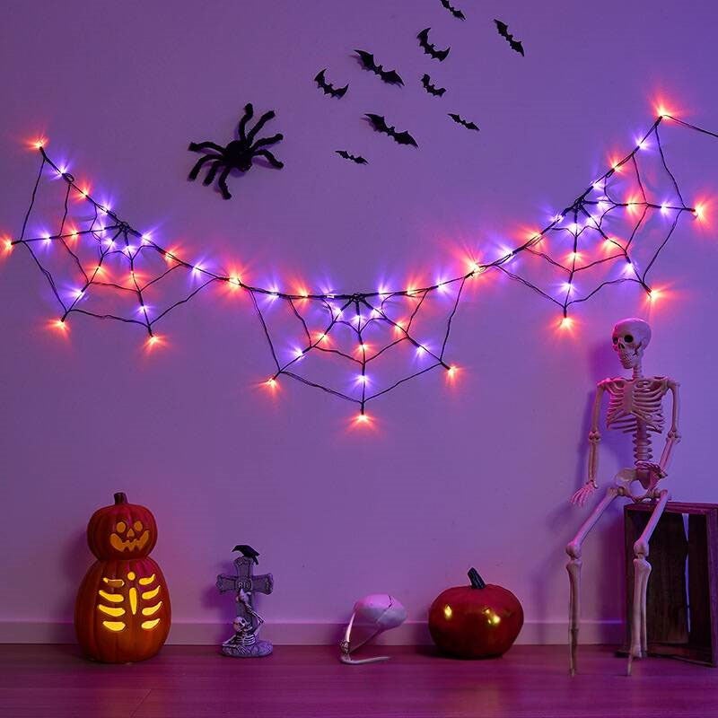 Dekoracje Halloween na zewnątrz: Girlanda świetlna Pajęczyna 180 cm, 60 diod LED, 8 trybów, funkcja timera, bez pająków, wodoodporna do ogrodu