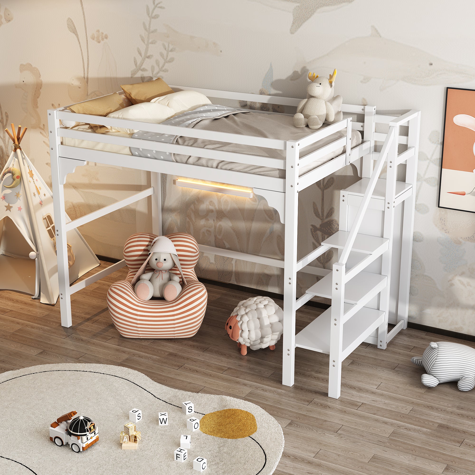 Lit mezzanine 140x200 cm, lit ados avec marches, armoire, blanc, sans matelas - 2