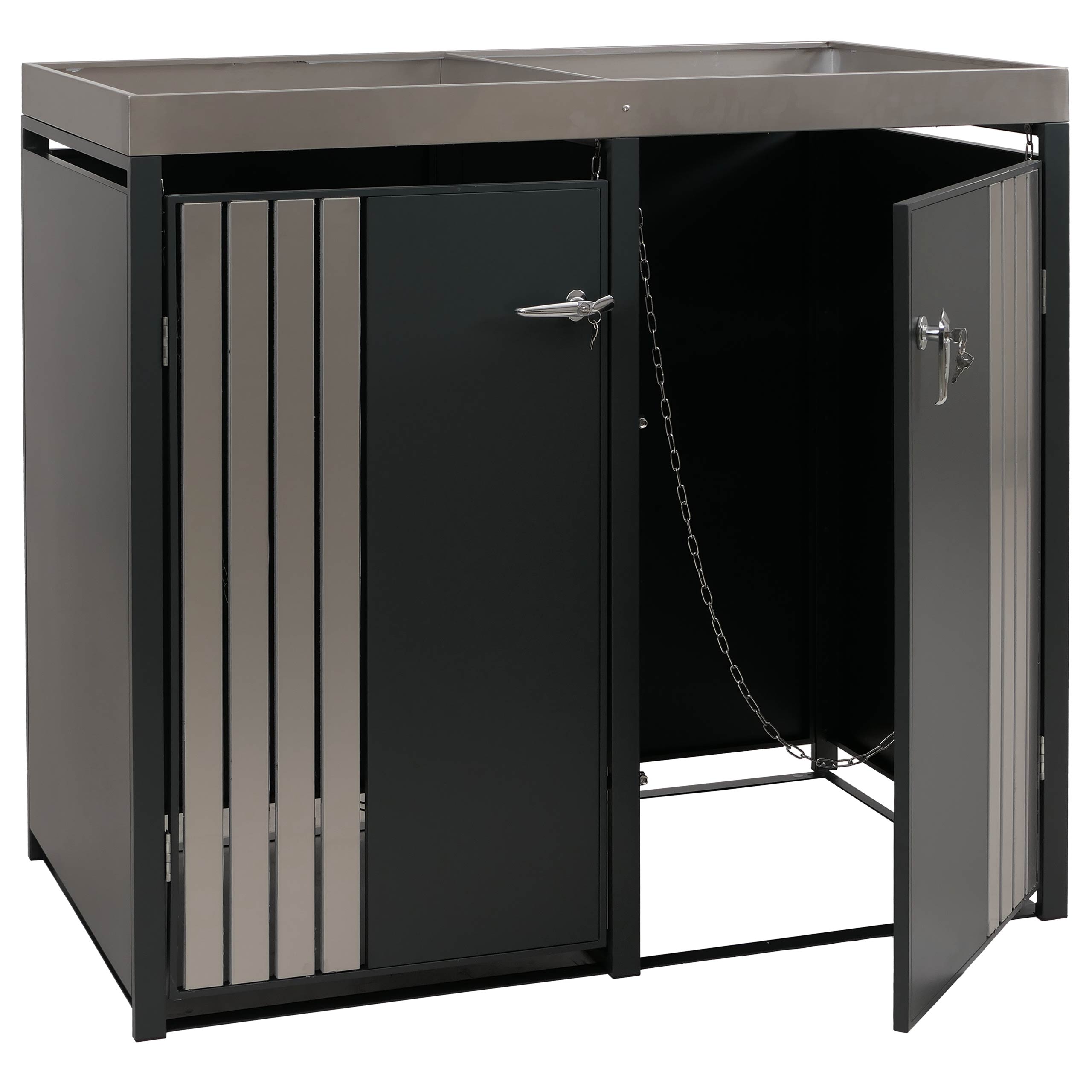 Osłona na dwa pojemniki na śmieci HWC-O67, schowek na pojemniki na śmieci z donicą, metal 125 x 132 x 84 cm 55 kg ~ antracytowa stal szlachetna