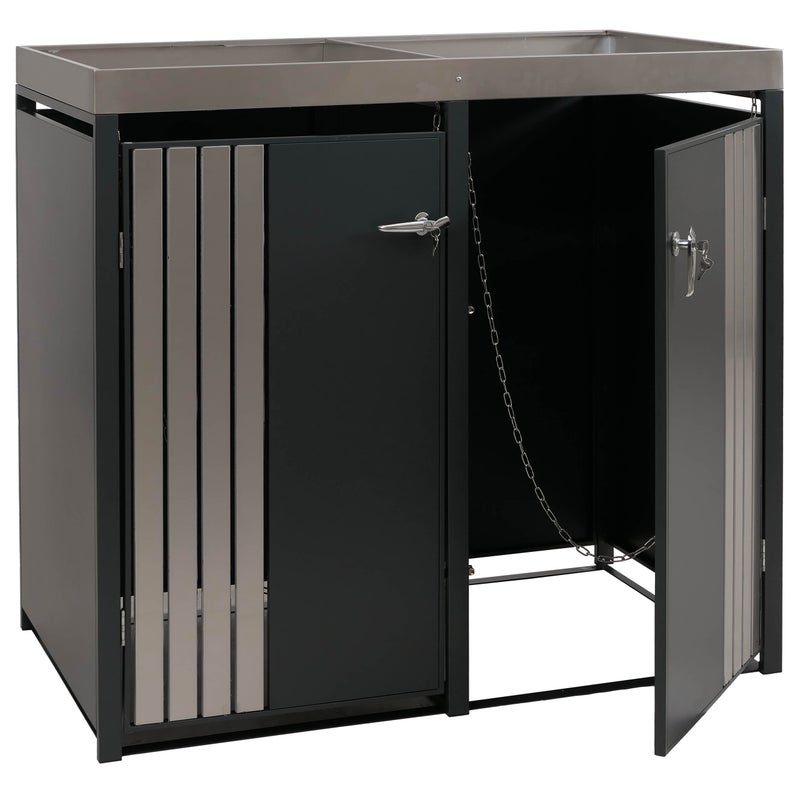 Osłona na dwa pojemniki na śmieci HWC-O67, schowek na pojemniki na śmieci z donicą, metal 125 x 132 x 84 cm 55 kg ~ antracytowa stal szlachetna