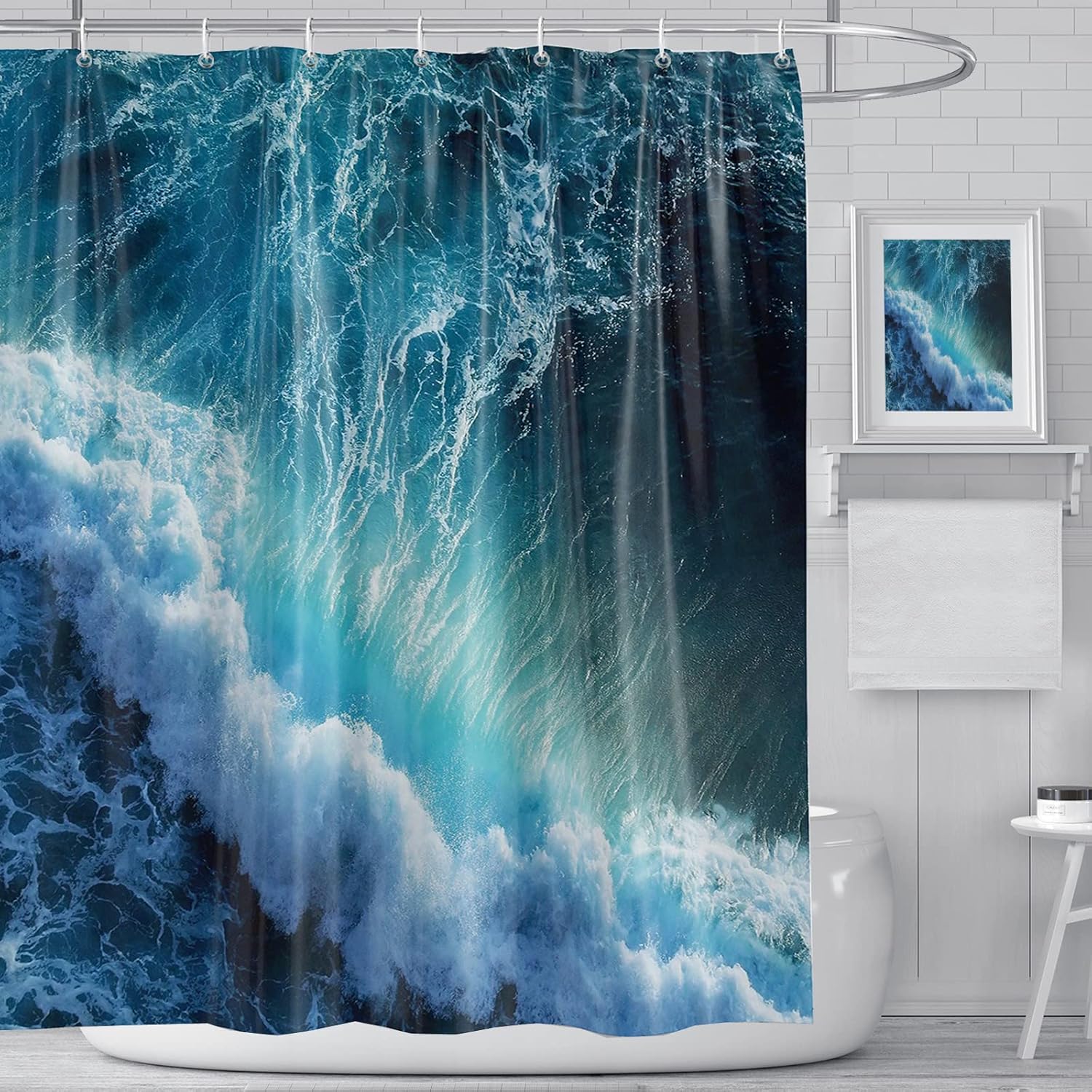 Rideau De Douche Bleu Anti moisissure Motif Vagues Oc aniques 3D Avec rideau-de-douche-bleu-anti-moisissure-motif-vagues-oc-aniques-3d-avec