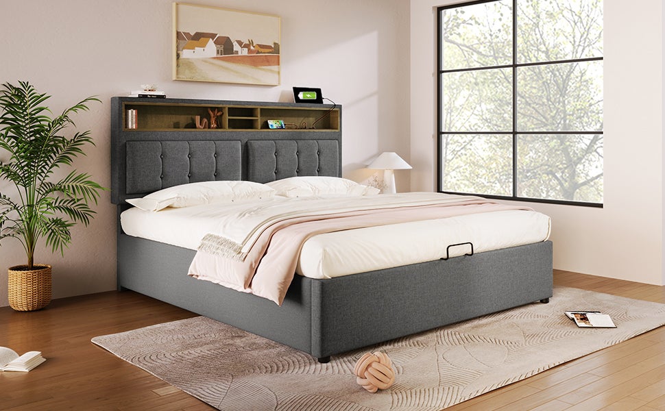 Lit rembourré lit double avec prise USB C fonction de charge tête de lit, lits de rangement cadre de lit en lin lit jeune 140x200 avec sommier à lat - 4