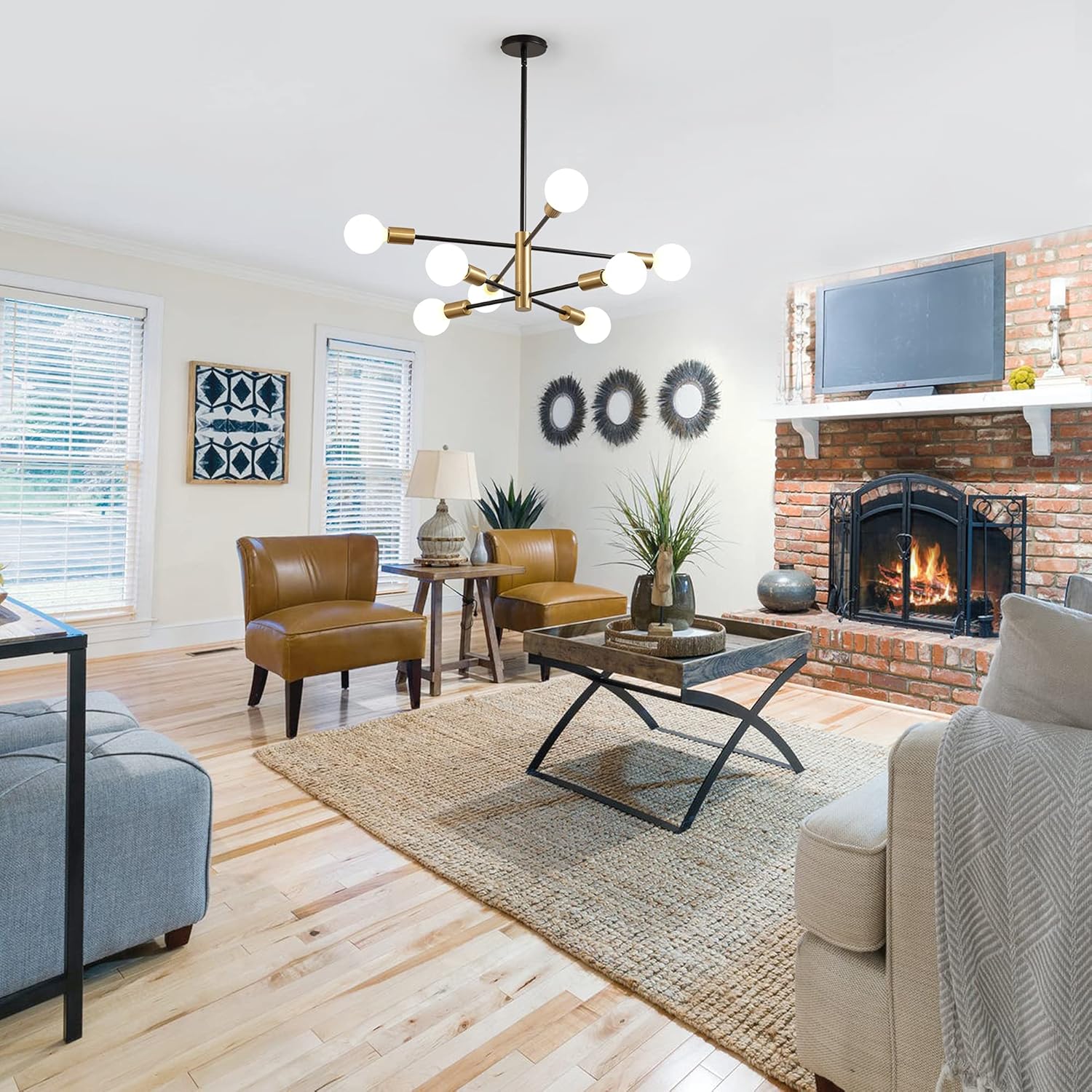 Żyrandol Sputnik, lampa wisząca 8-punktowa, lampa sufitowa w stylu retro industrial, nowoczesny żyrandol, czarno-złoty (bez białej żarówki) - 6