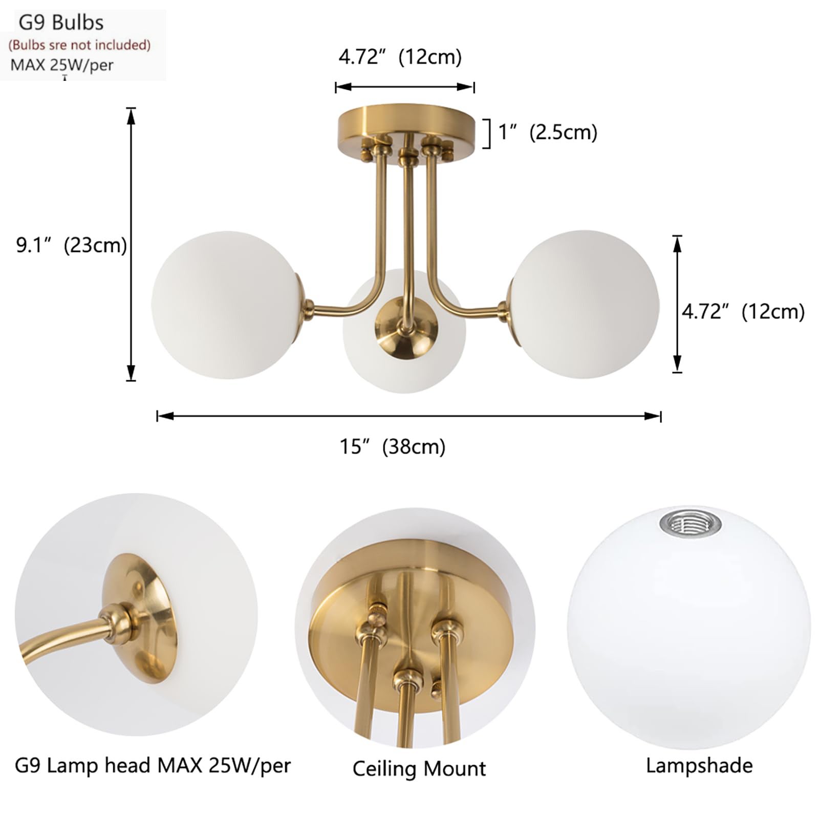 Plafonnier doré à trois lumières de style médiéval-moderne, semi-encastré, convient aux salons et aux couloirs, douille G9 - sans source lumineuse - 2