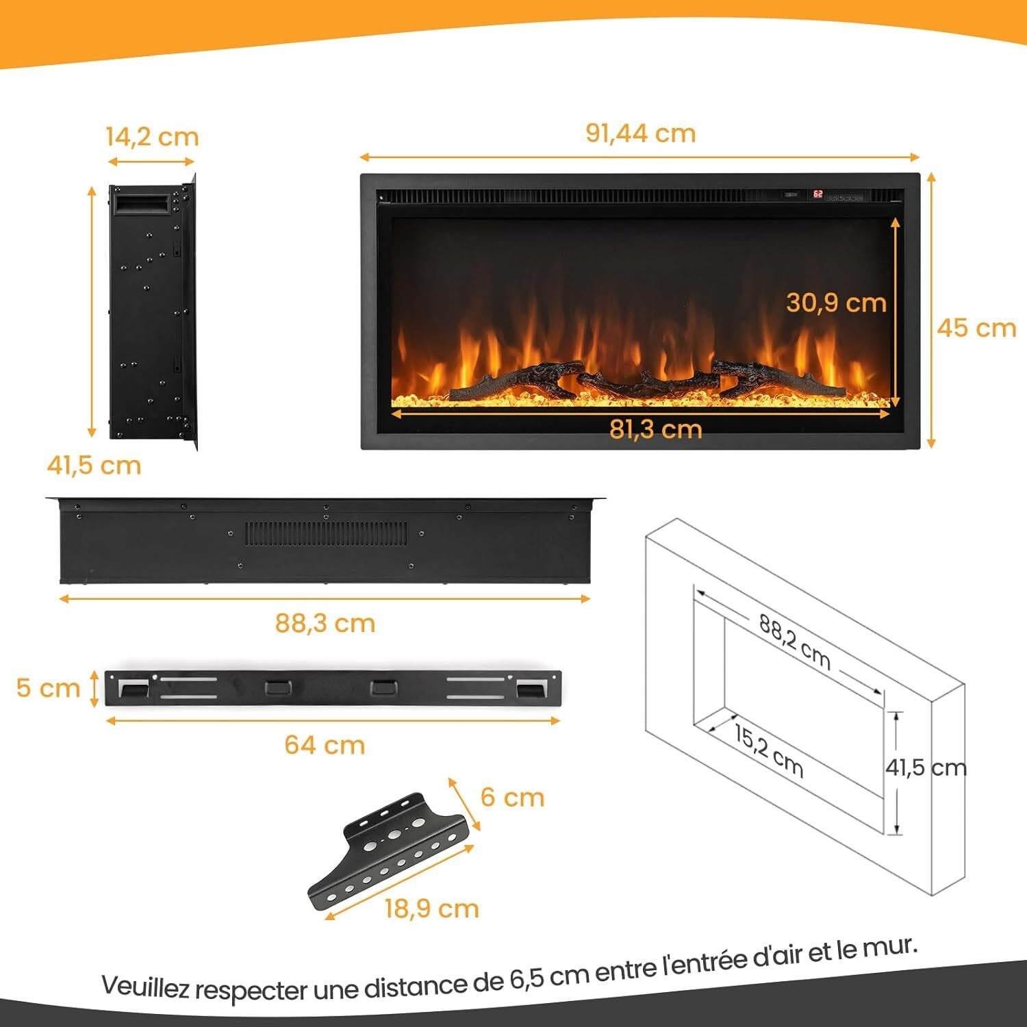 Cheminée électrique Murale 750W/1500W, Effet Flamme avec 9 Couleurs, Cheminée Chauffante 91,5 cm, Température Réglable 18-28℃, Minuterie - 6