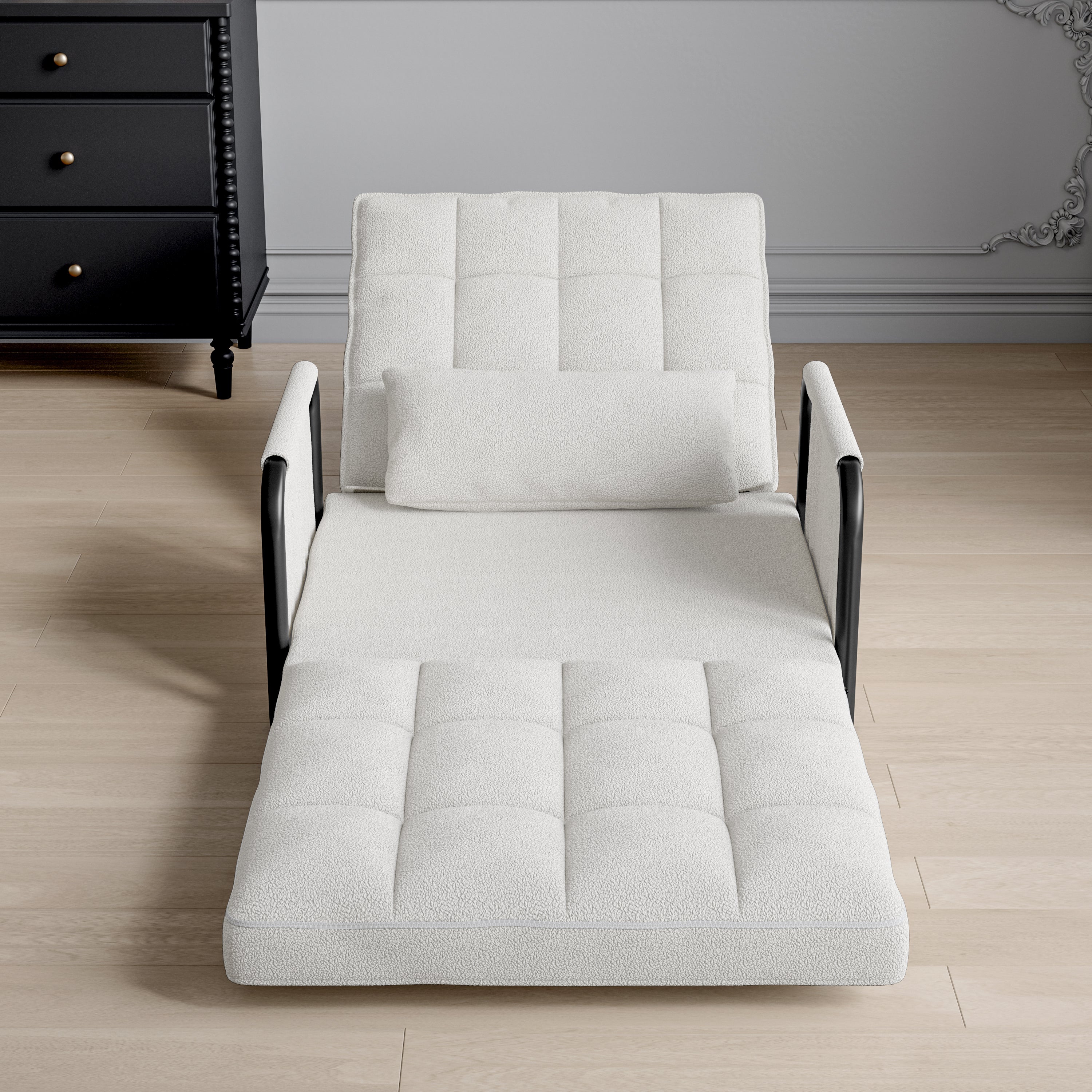 Fauteuil Convertible 1 place - Canapé-Lit 5 Positions Ajustables - en Chenille - Finitions en Laine d'Agneau - Blanc - 3