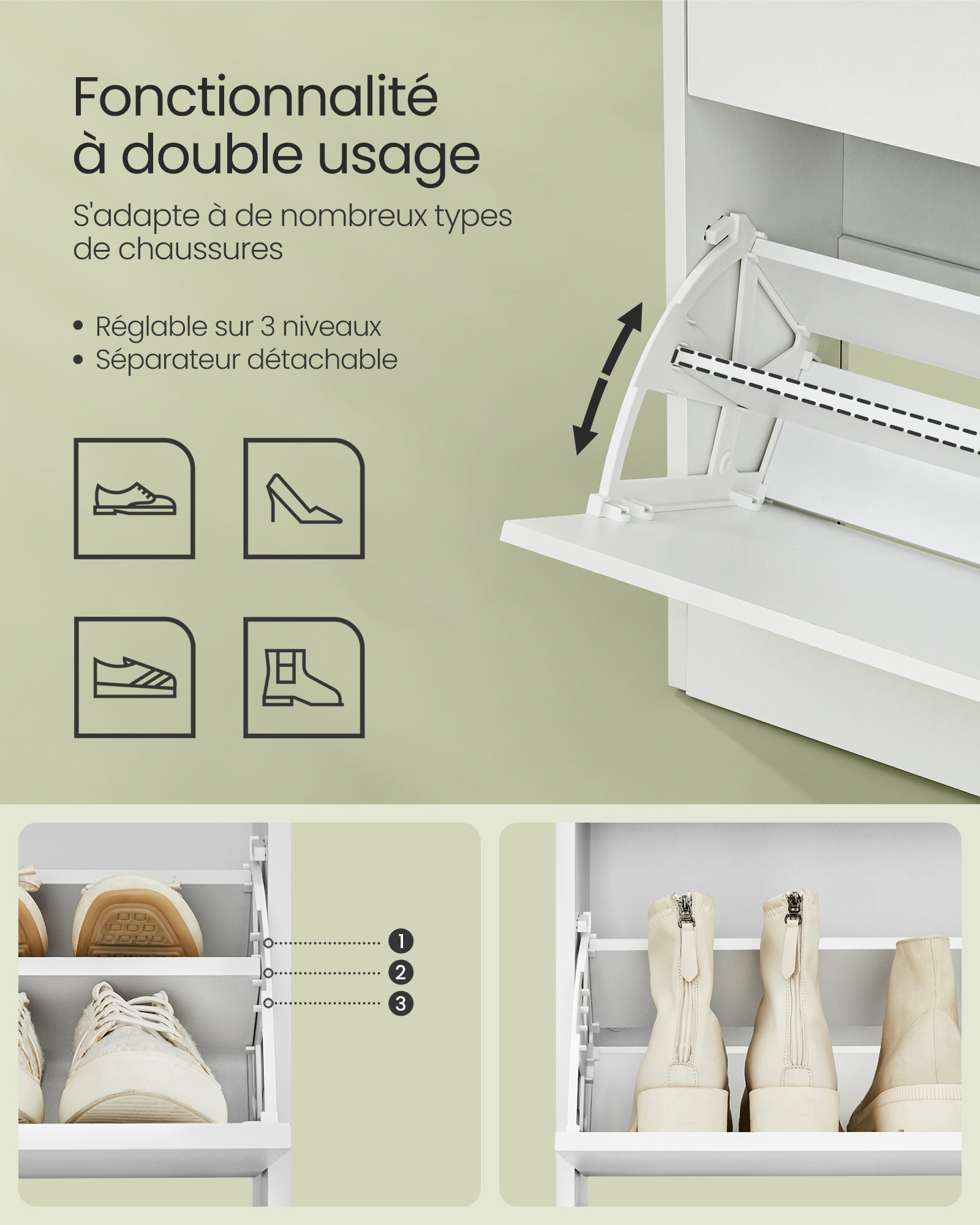 Meuble à Chaussures 2 Portes Battantes,11 à 16 Paires, pour Petite Entrée, 24 x 80 x 102 cm, Blanc Nuage - 6